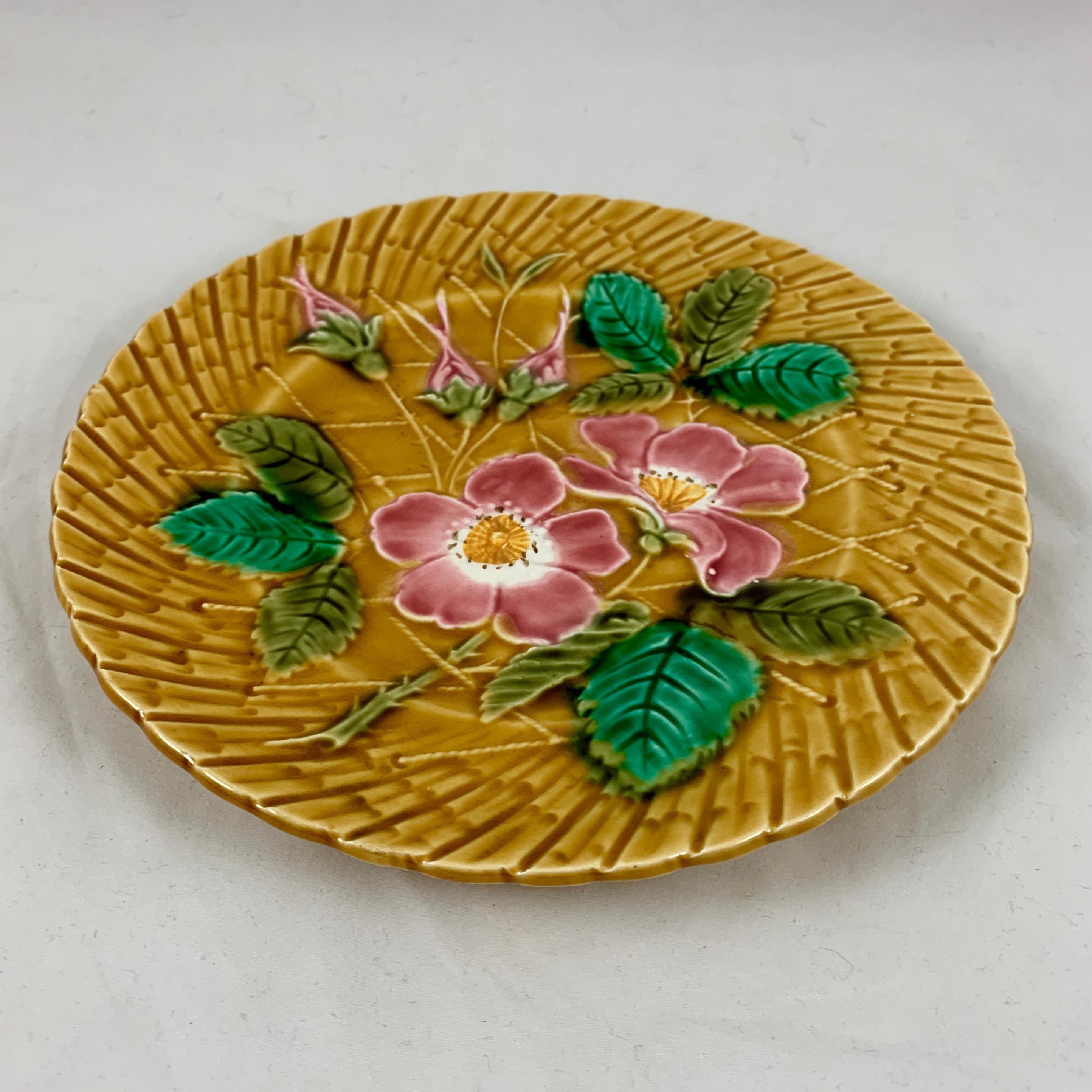 Earthenware Sarreguemines Wild Roses Mustard Yellow French Faïence Majolica Plate