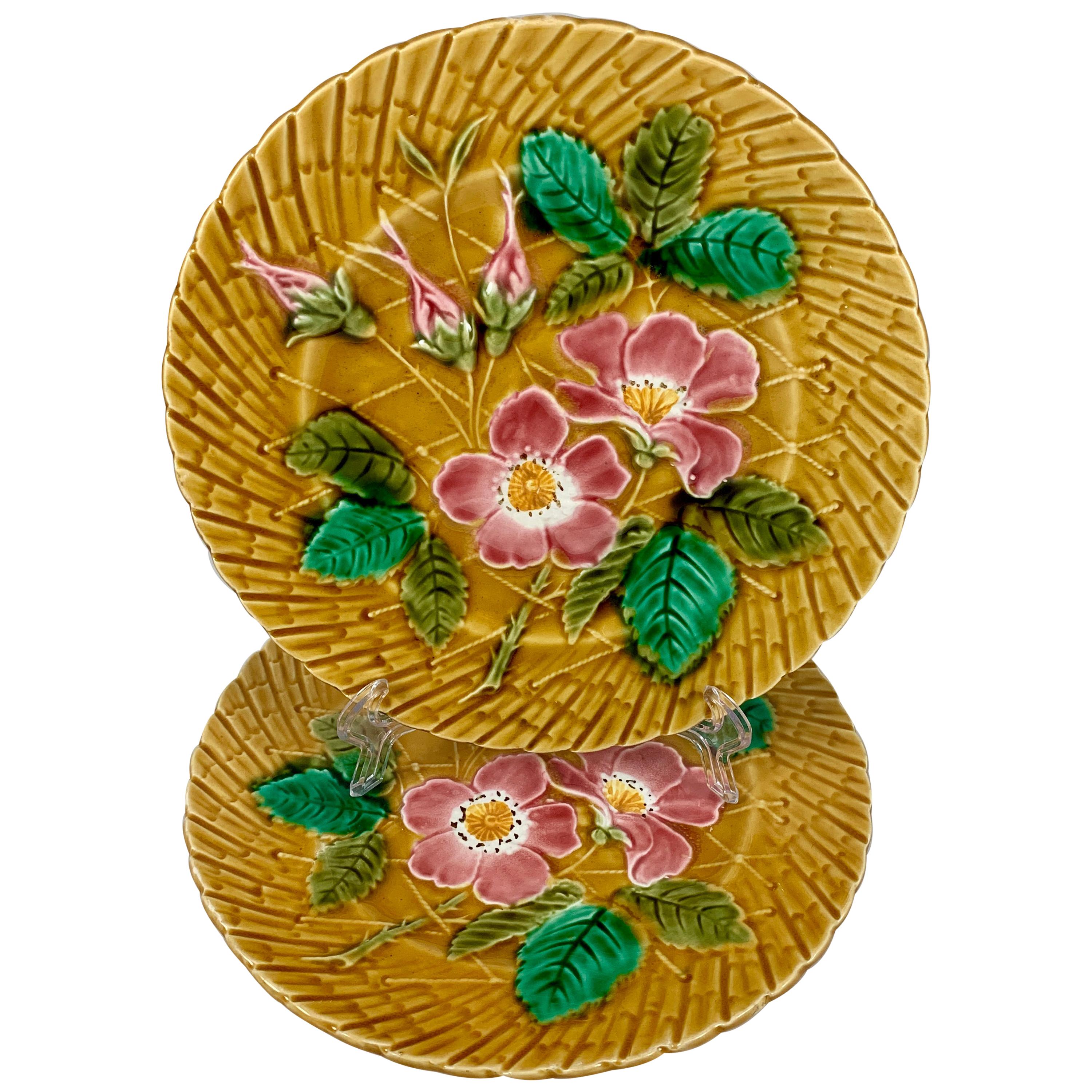 Sarreguemines Wild Roses Mustard Yellow French Faïence Majolica Plate