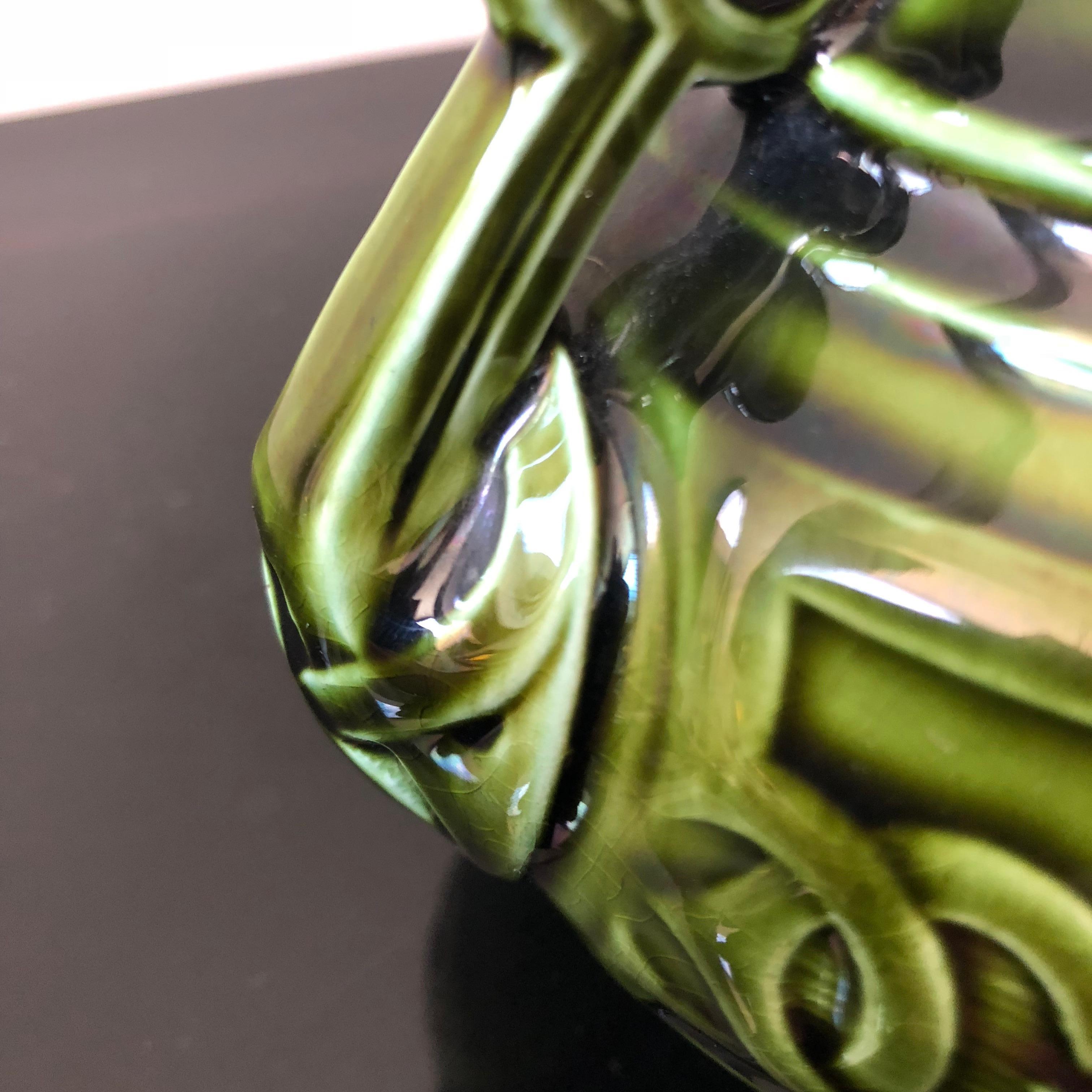 Sarreguemines Art Nouveau French Green and Light Blue Majolica Vase, circa 1930 3