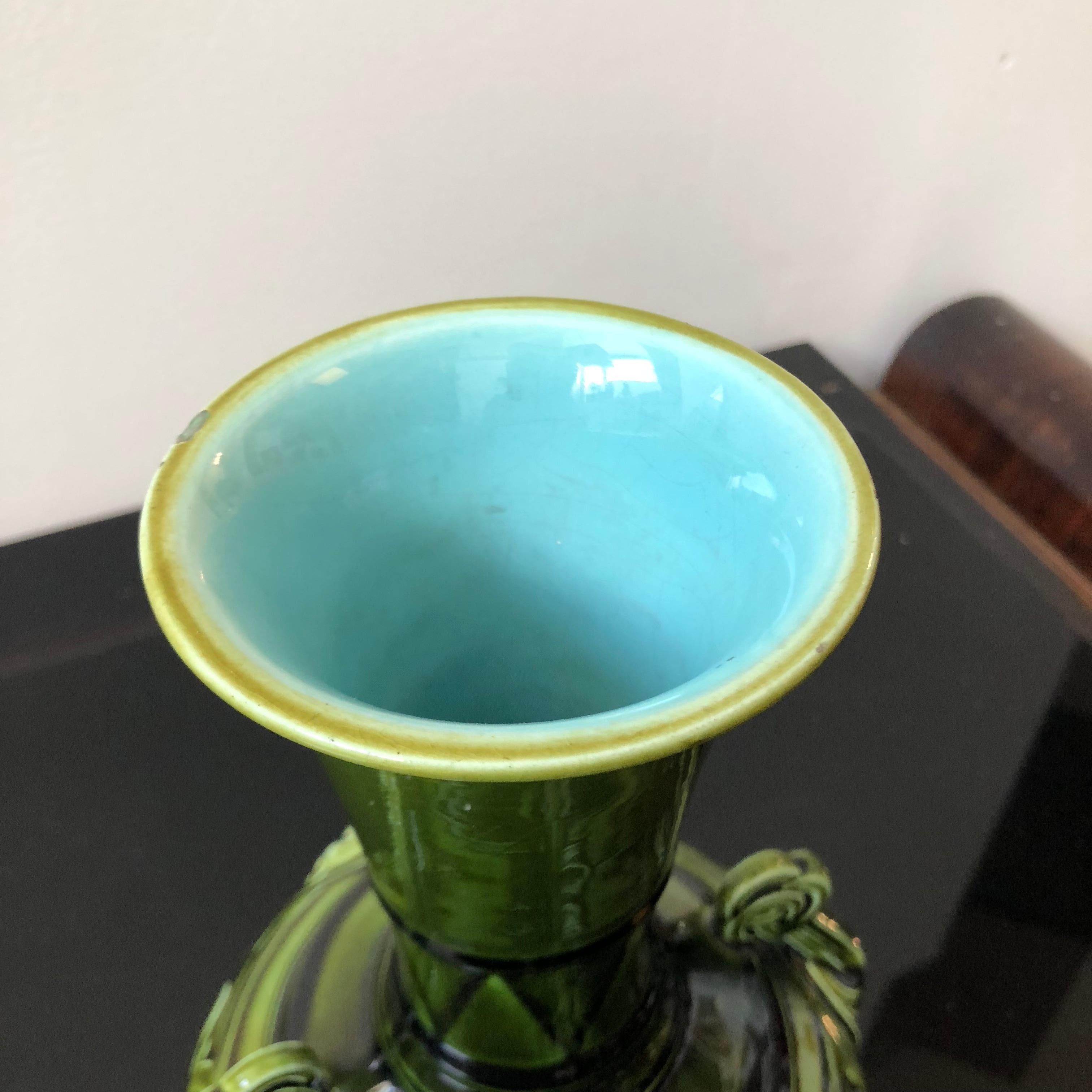 Hand-Crafted Sarreguemines Art Nouveau French Green and Light Blue Majolica Vase, circa 1930