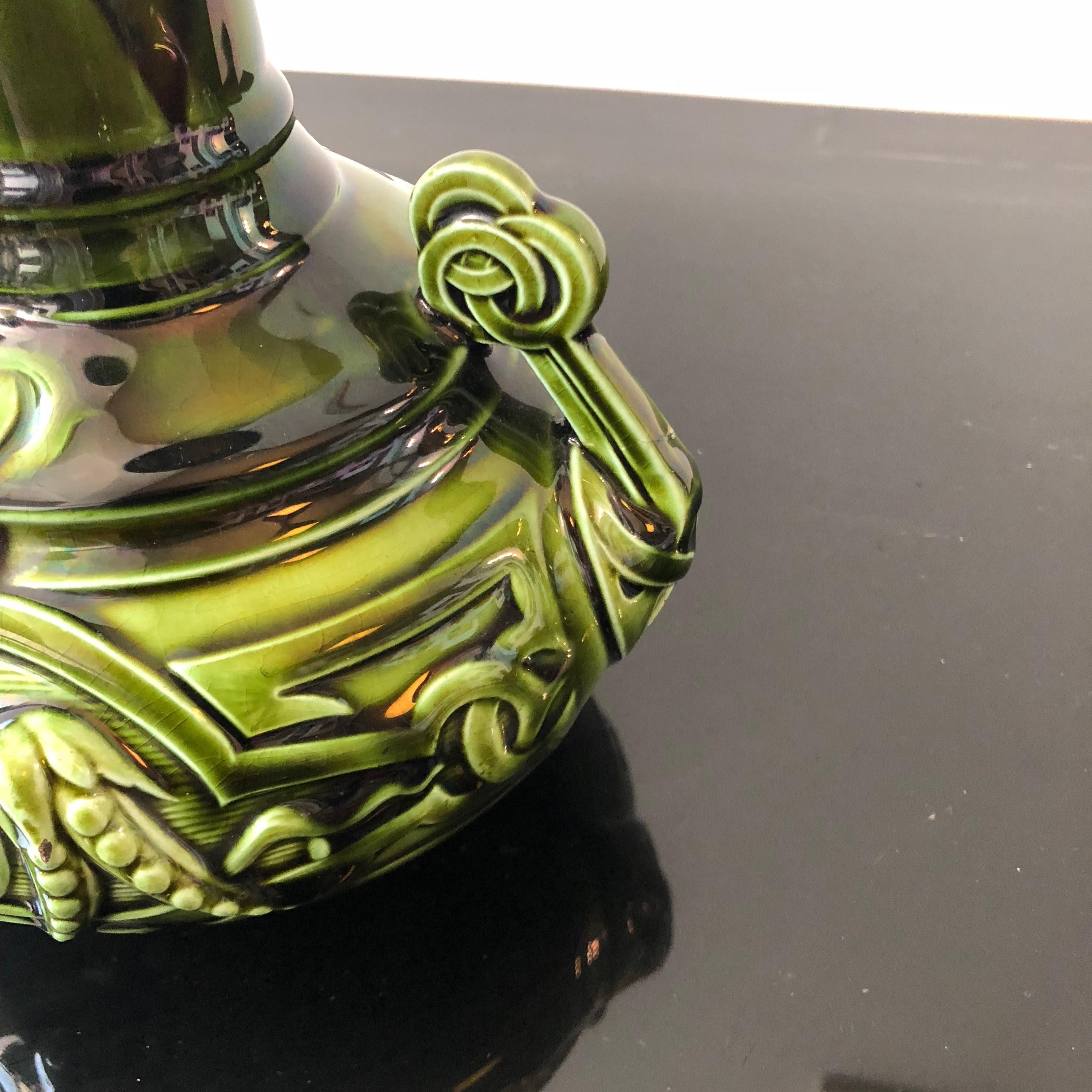 Sarreguemines Art Nouveau French Green and Light Blue Majolica Vase, circa 1930 In Good Condition In Aci Castello, IT