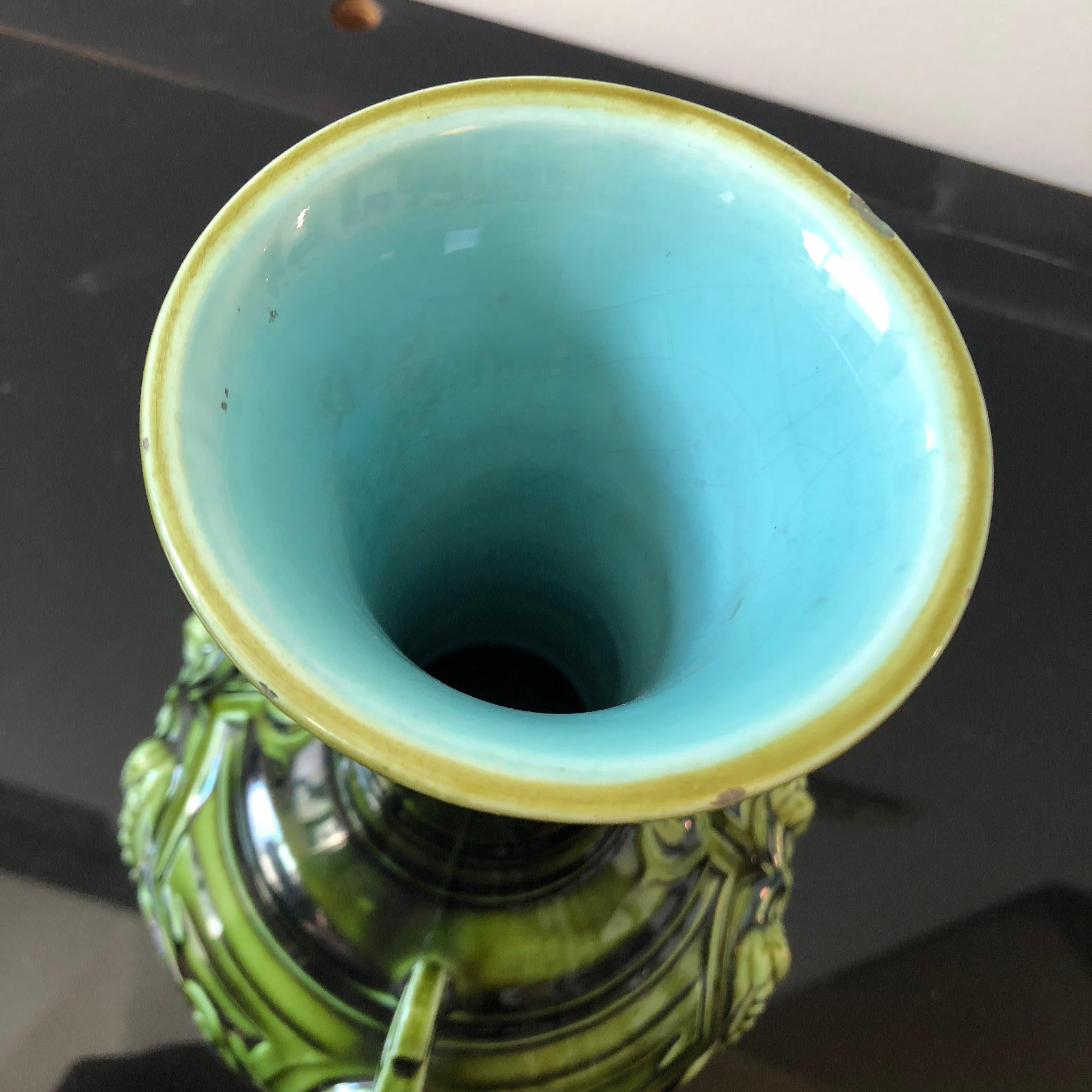 20th Century Sarreguemines Art Nouveau French Green and Light Blue Majolica Vase, circa 1930