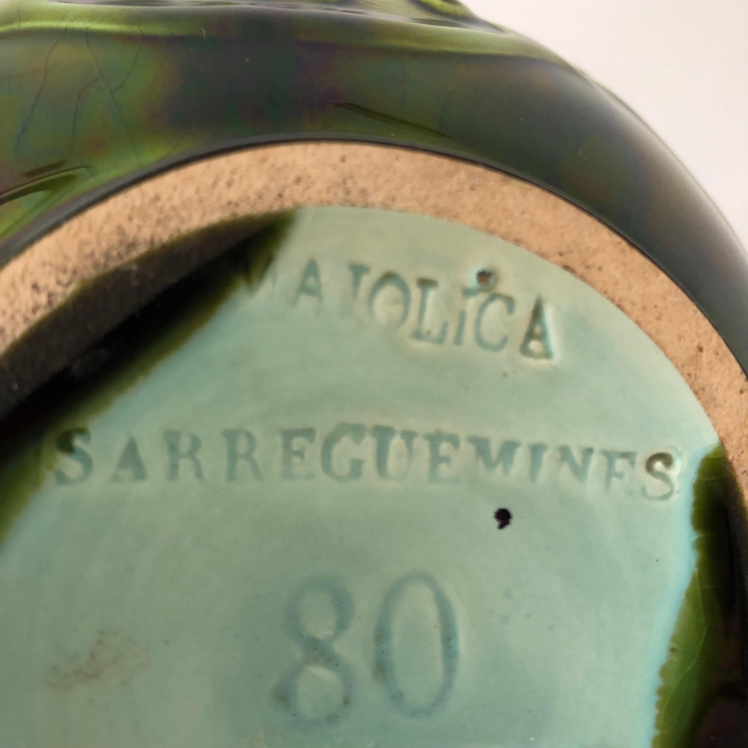 Sarreguemines Art Nouveau French Green and Light Blue Majolica Vase, circa 1930 1