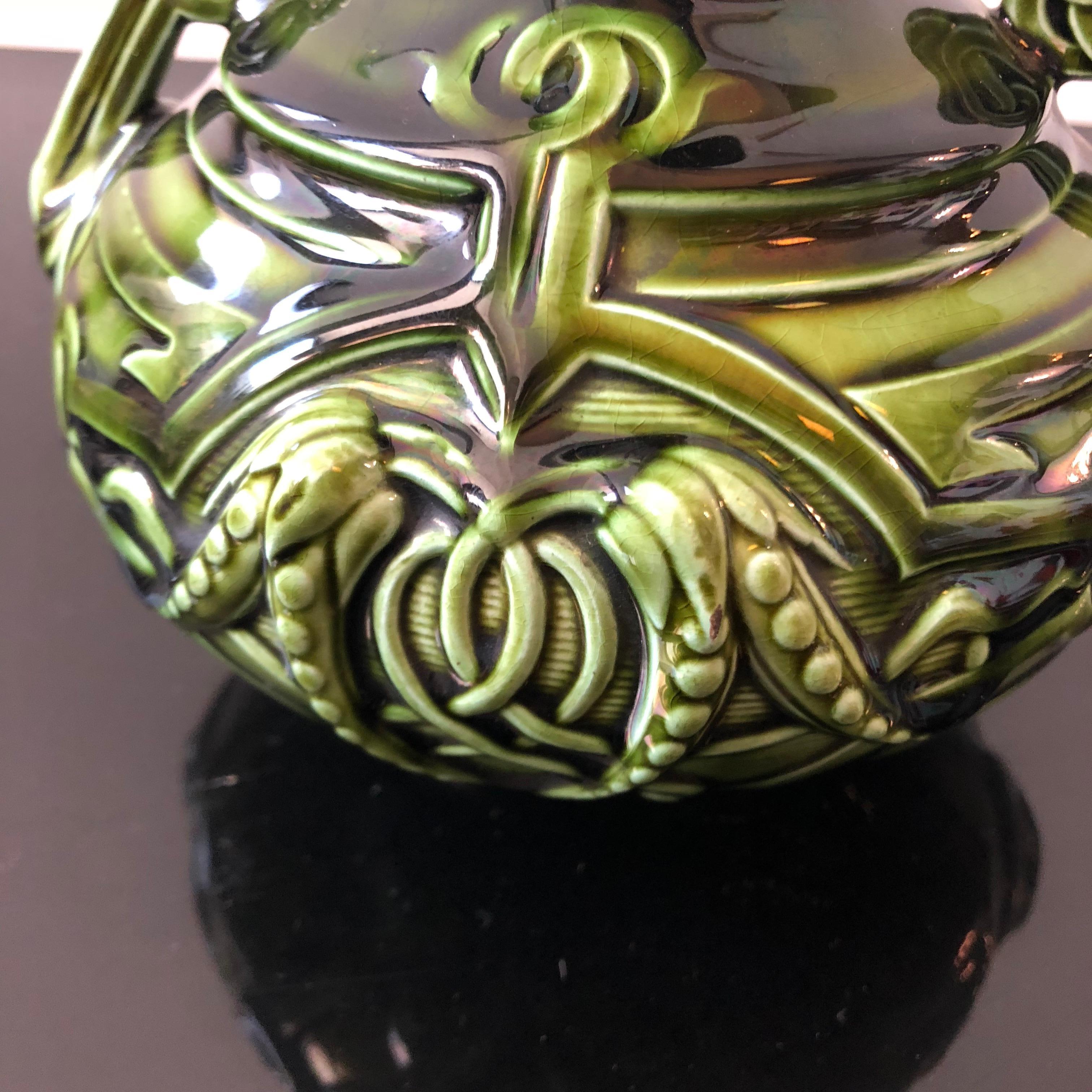 Sarreguemines Art Nouveau French Green and Light Blue Majolica Vase, circa 1930 2