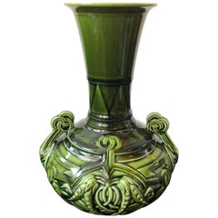 Vase en majolique Sarreguemines Art Nouveau français vert et bleu clair:: vers 1930