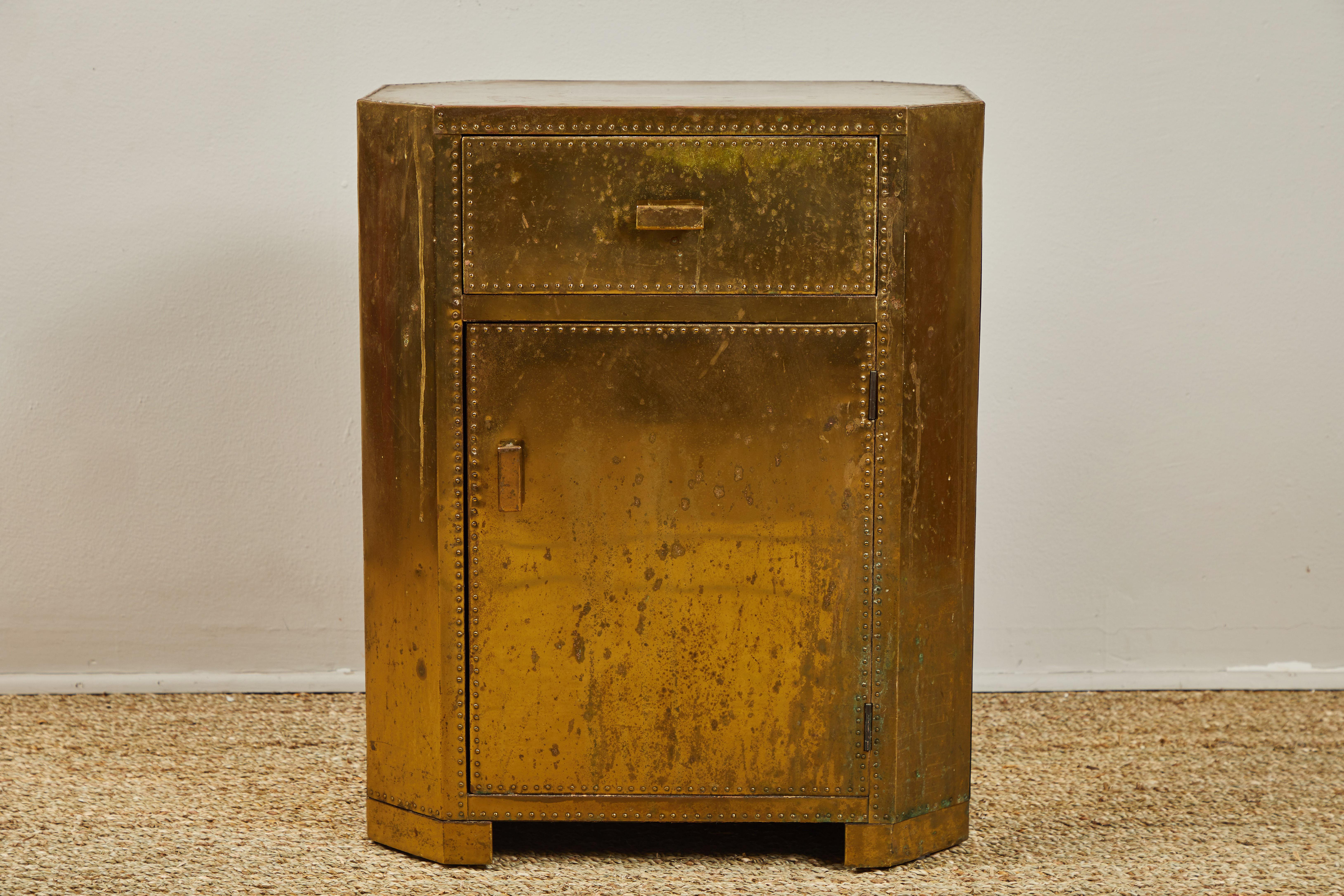 Unusual Sarreid Spanish small chest or side table with 1 drawer and 1 storage space with door. Finish left unpolished.