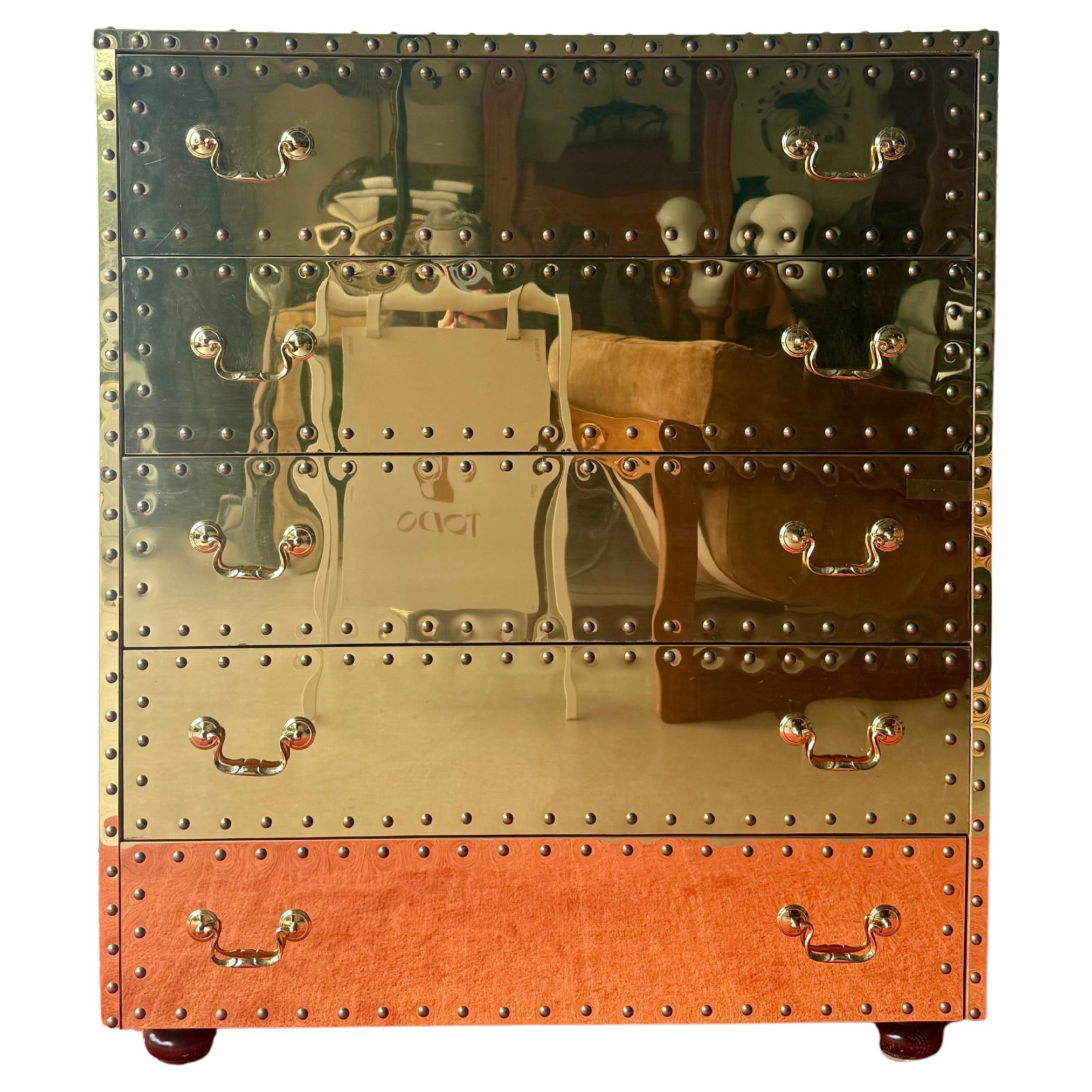 Sarreid Brass-Clad 5 Drawer Dresser, Made in Spain, 1970s en vente