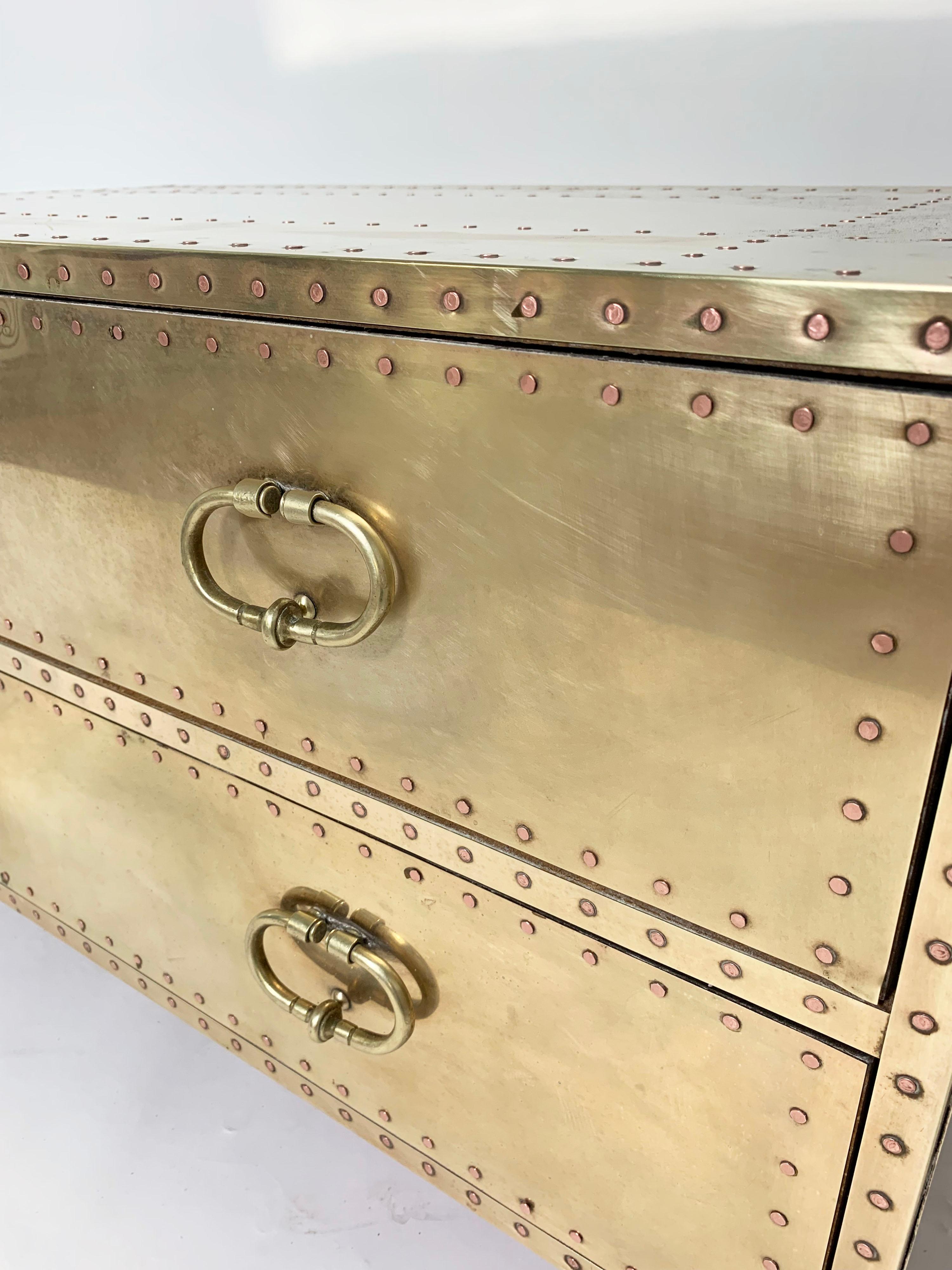 Sarreid Brass Clad Cocktail Table / Two-Drawer Chest, Circa 1970s In Good Condition In Peabody, MA