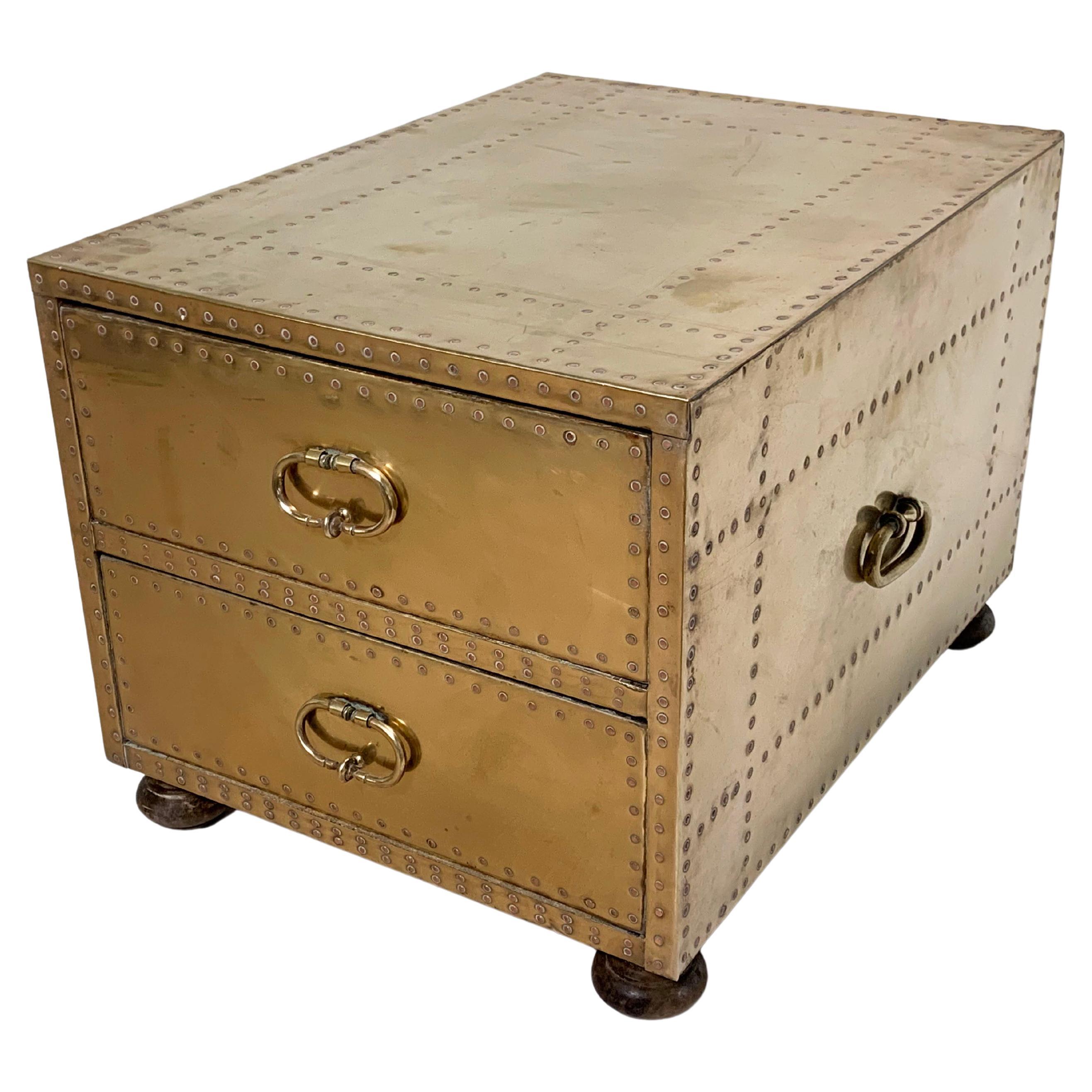 Sarreid Brass Clad Cocktail Table/Two-Drawer Chest, circa 1970s