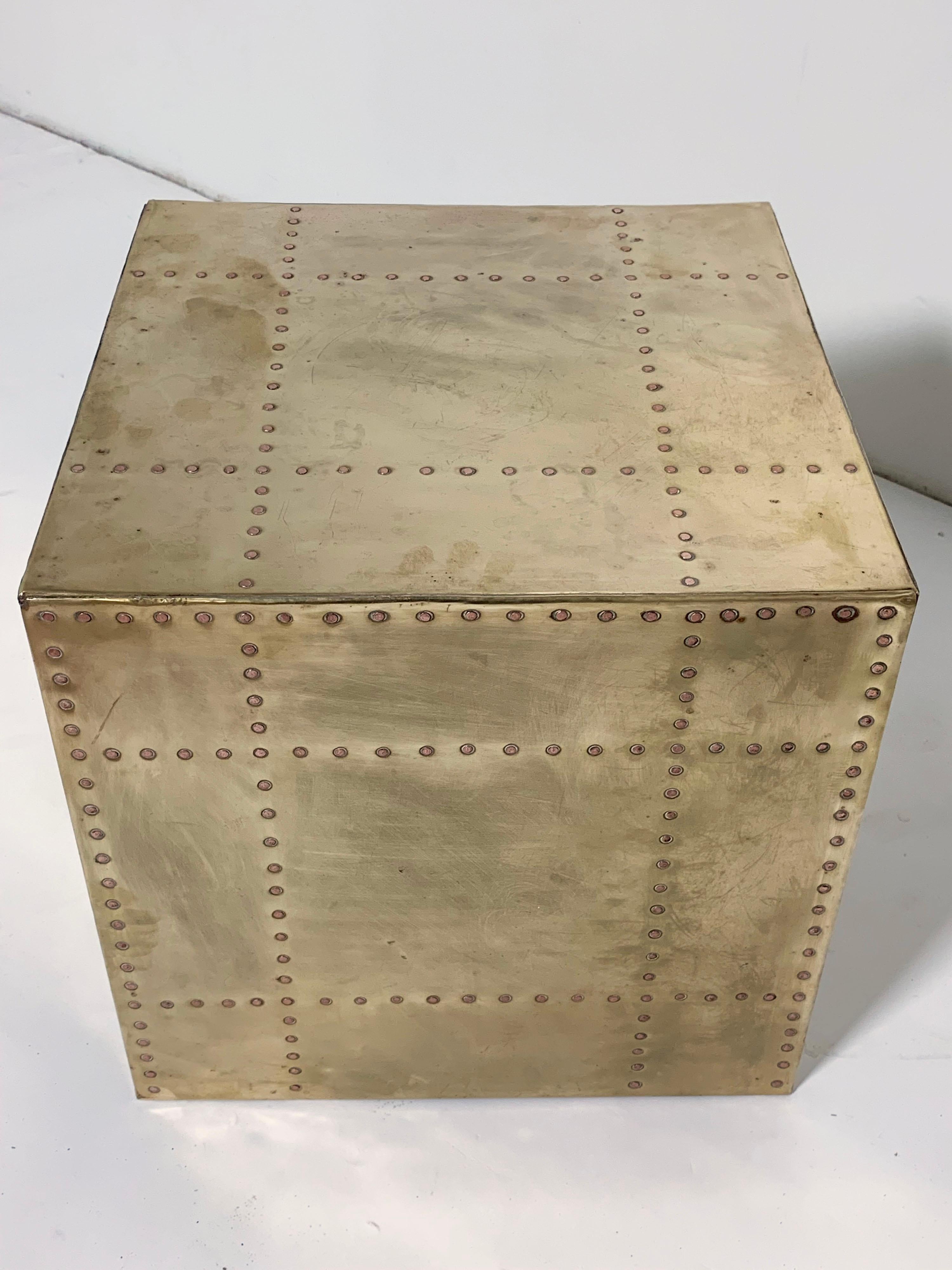 Brass clad side table in form of a cube by Sarreid Spain, circa 1970s.
