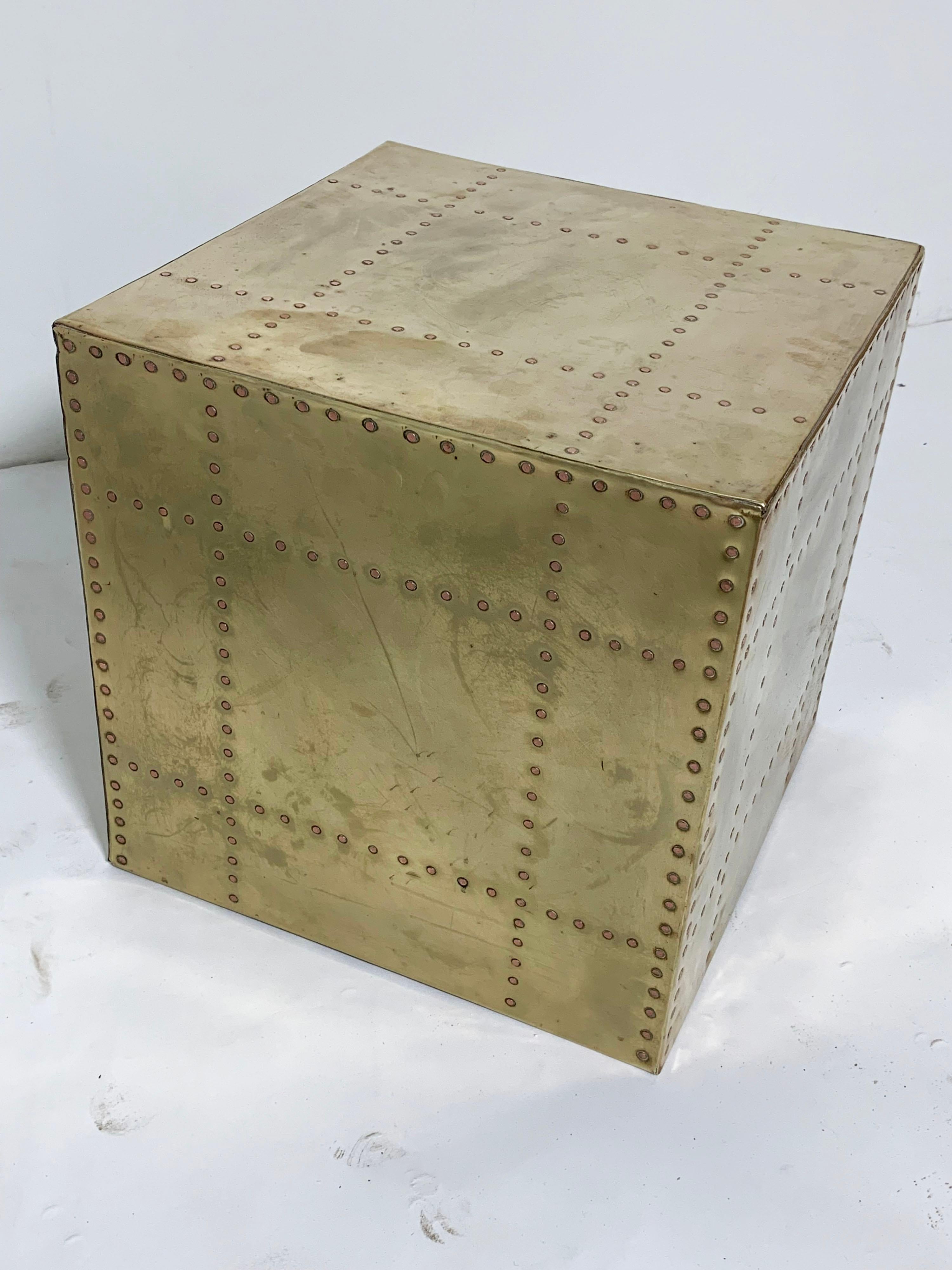 Mid-Century Modern Sarreid Brass Clad Cube Side Table, circa 1970s