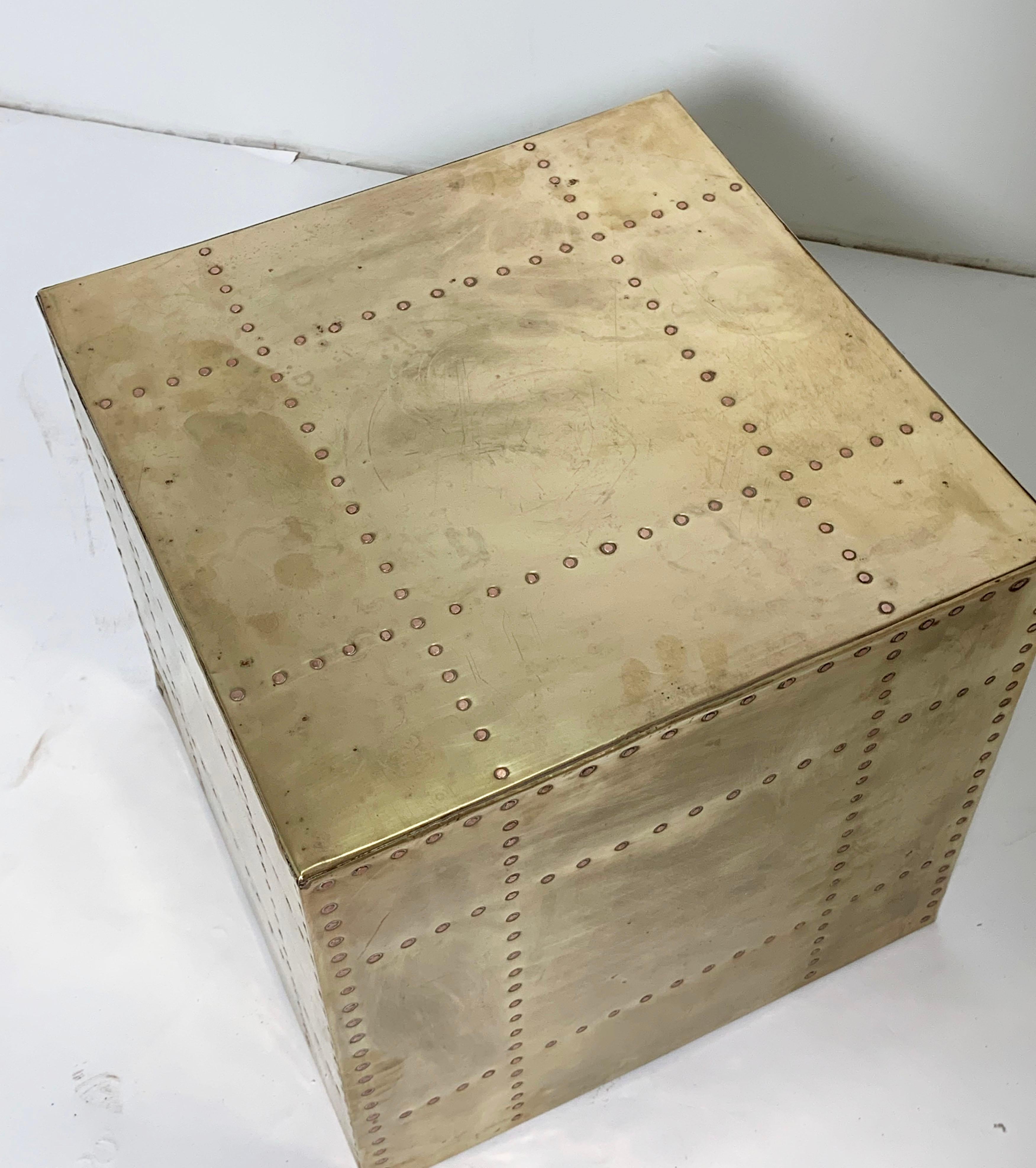 Spanish Sarreid Brass Clad Cube Side Table, circa 1970s