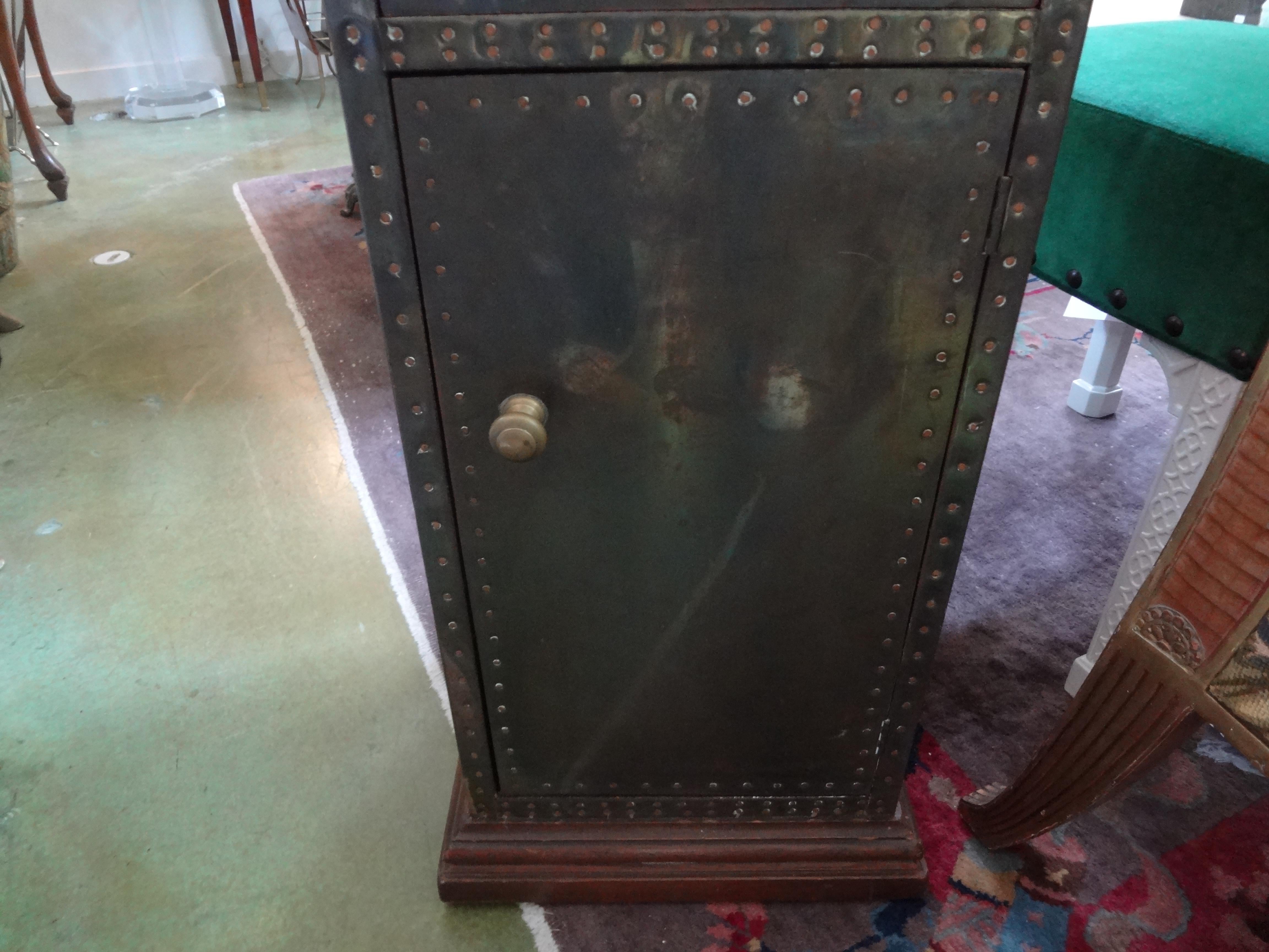 Late 20th Century Sarreid Brass-Clad Pedestal Cabinet with Nailhead Detail For Sale