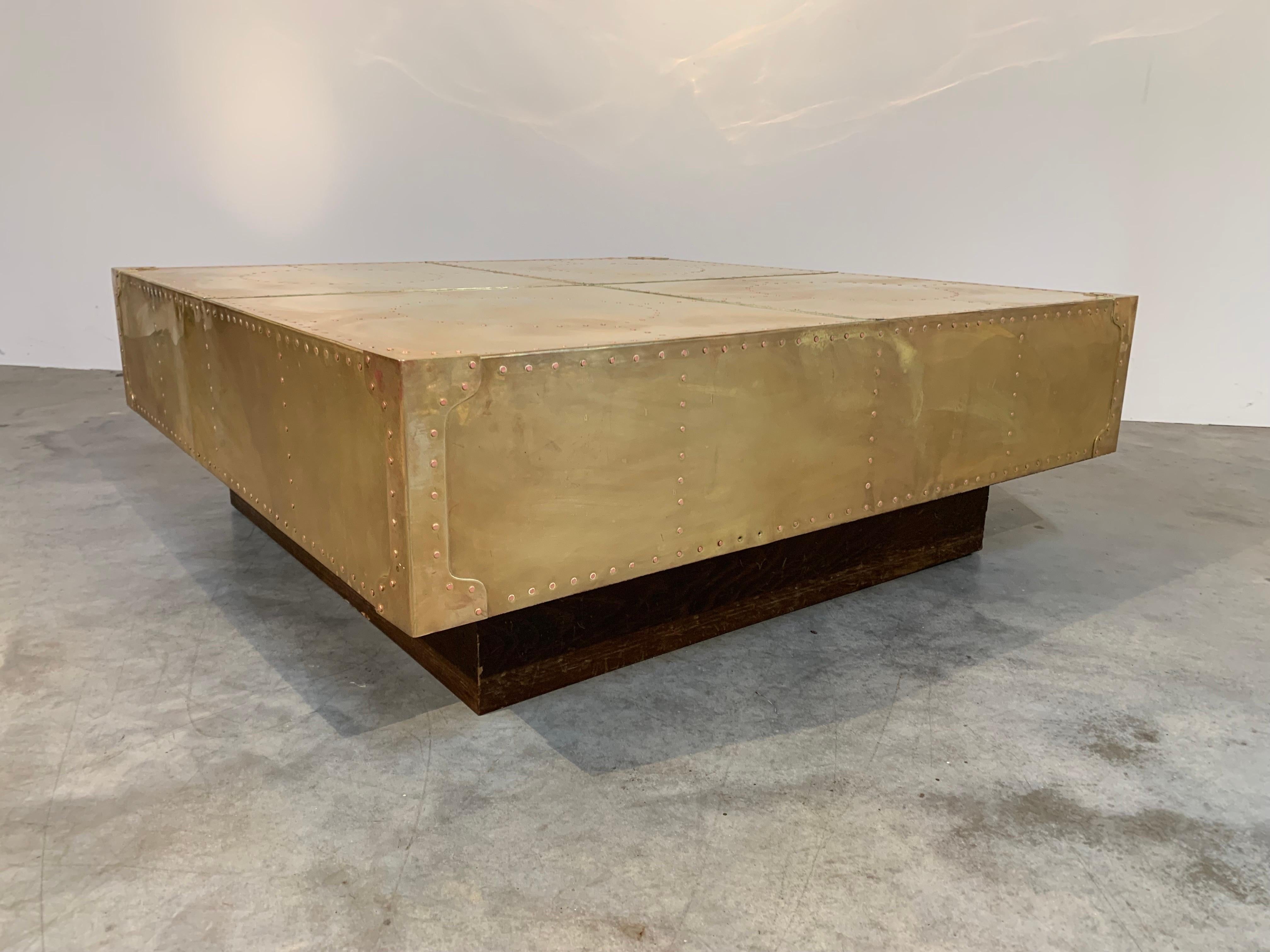 Hollywood Regency Sarreid Brass Cube Coffee Table Floating on Plinth Base Manner of Milo Baughman