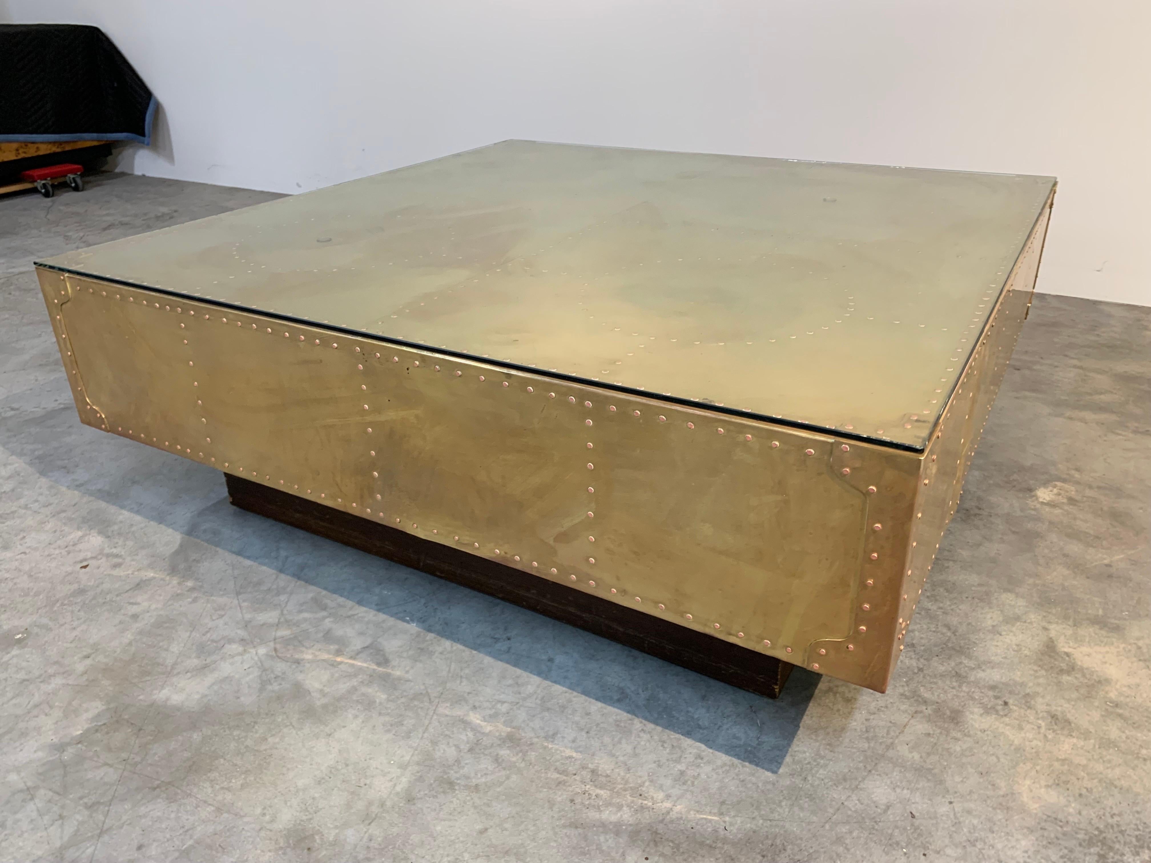 American Sarreid Brass Cube Coffee Table Floating on Plinth Base Manner of Milo Baughman