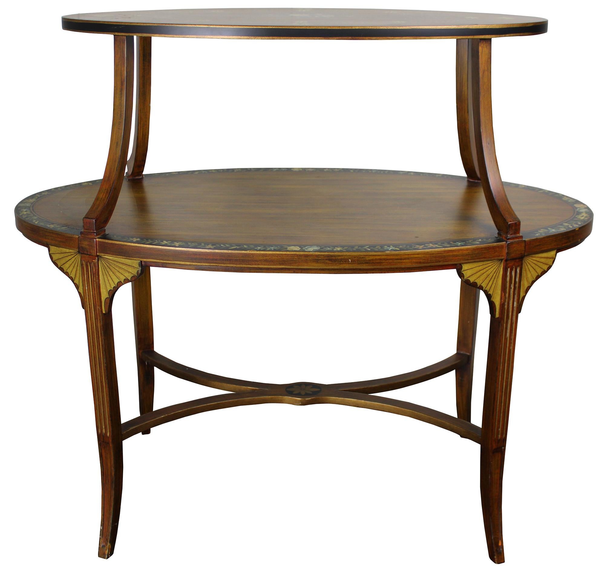 Late 20th century Edwardian inspired tray top Étagère by Sarreid Ltd. Features oval surfaces with a painted grain, black trim and floral painted detail. Incudes a neoclassical inspired x stretcher, fluted legs and winged trim in the style of inlay.