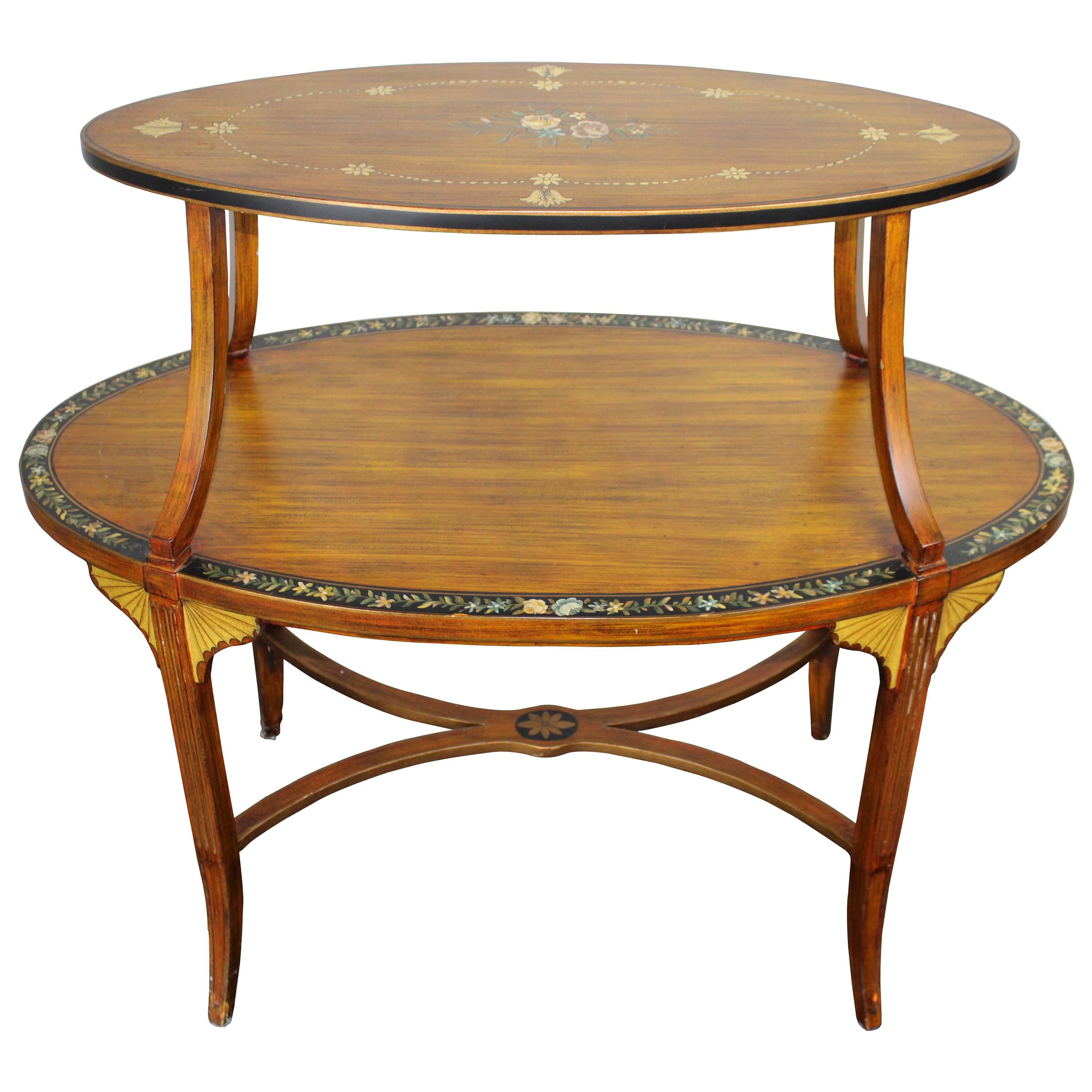 Sarreid Edwardian Oval Tray Top Étagère Table Sheraton Revival Floral Painted 35 For Sale