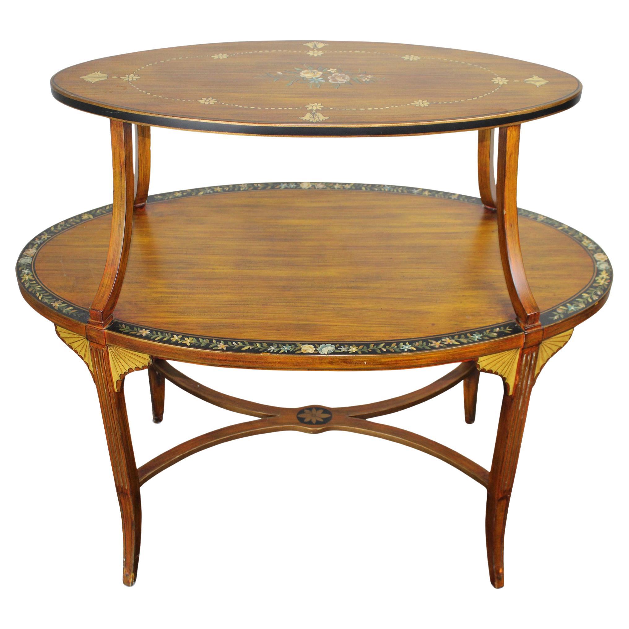 Sarreid Edwardian Oval Tray Top Étagère Table Sheraton Revival Floral Painted 35 For Sale