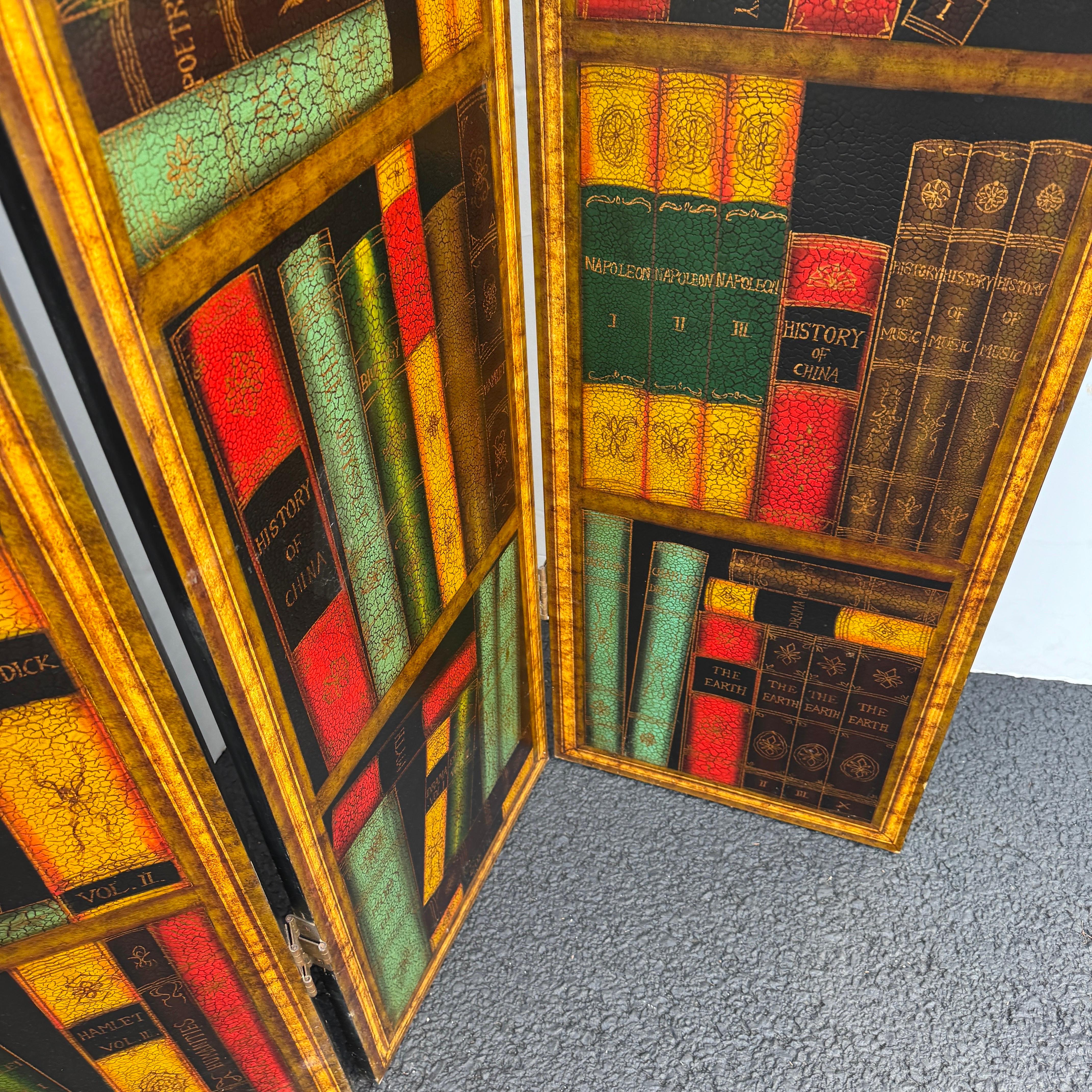 Sarreid Faux Leather Gilt Books Folding Screen Room Divider For Sale 4