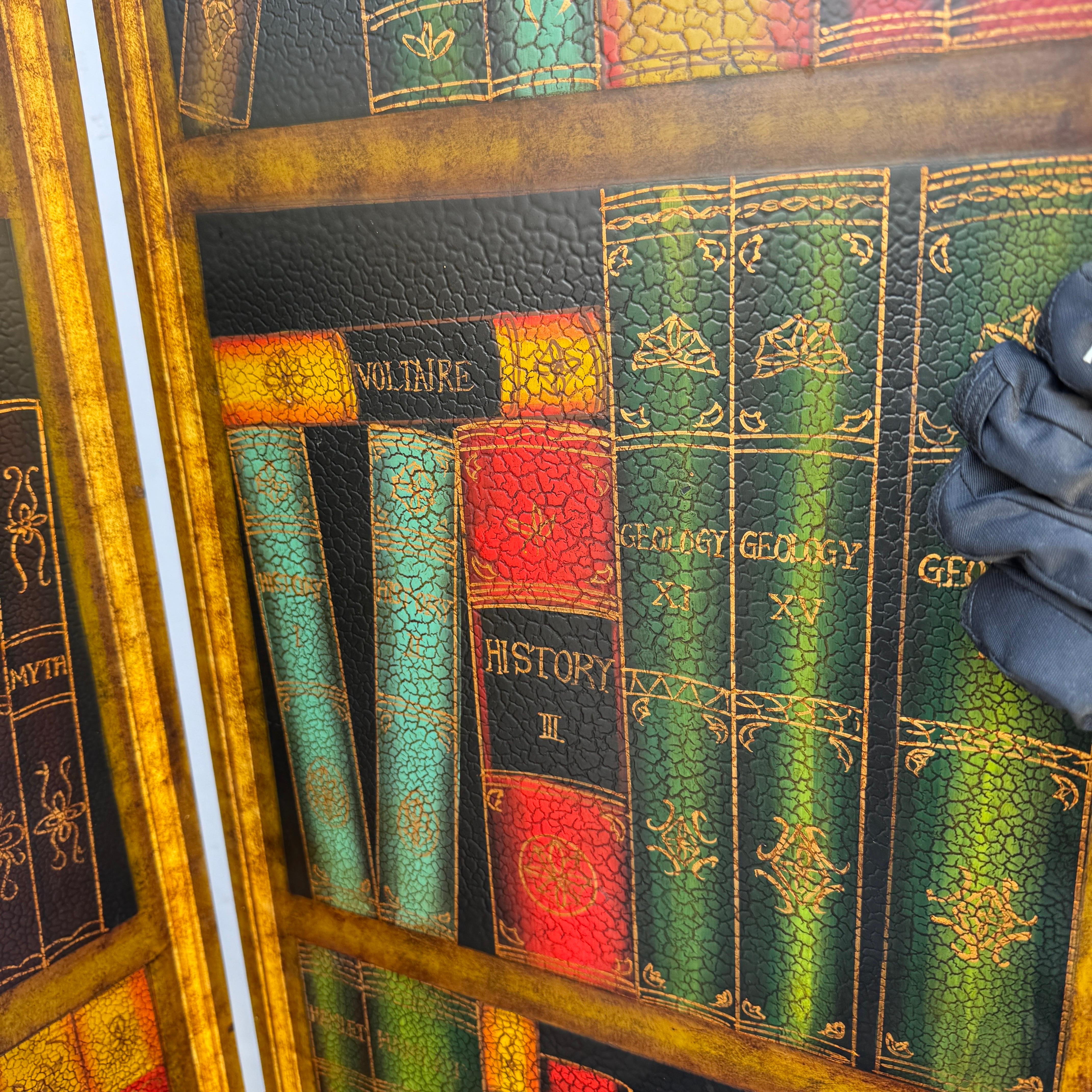 20th Century Sarreid Faux Leather Gilt Books Folding Screen Room Divider For Sale