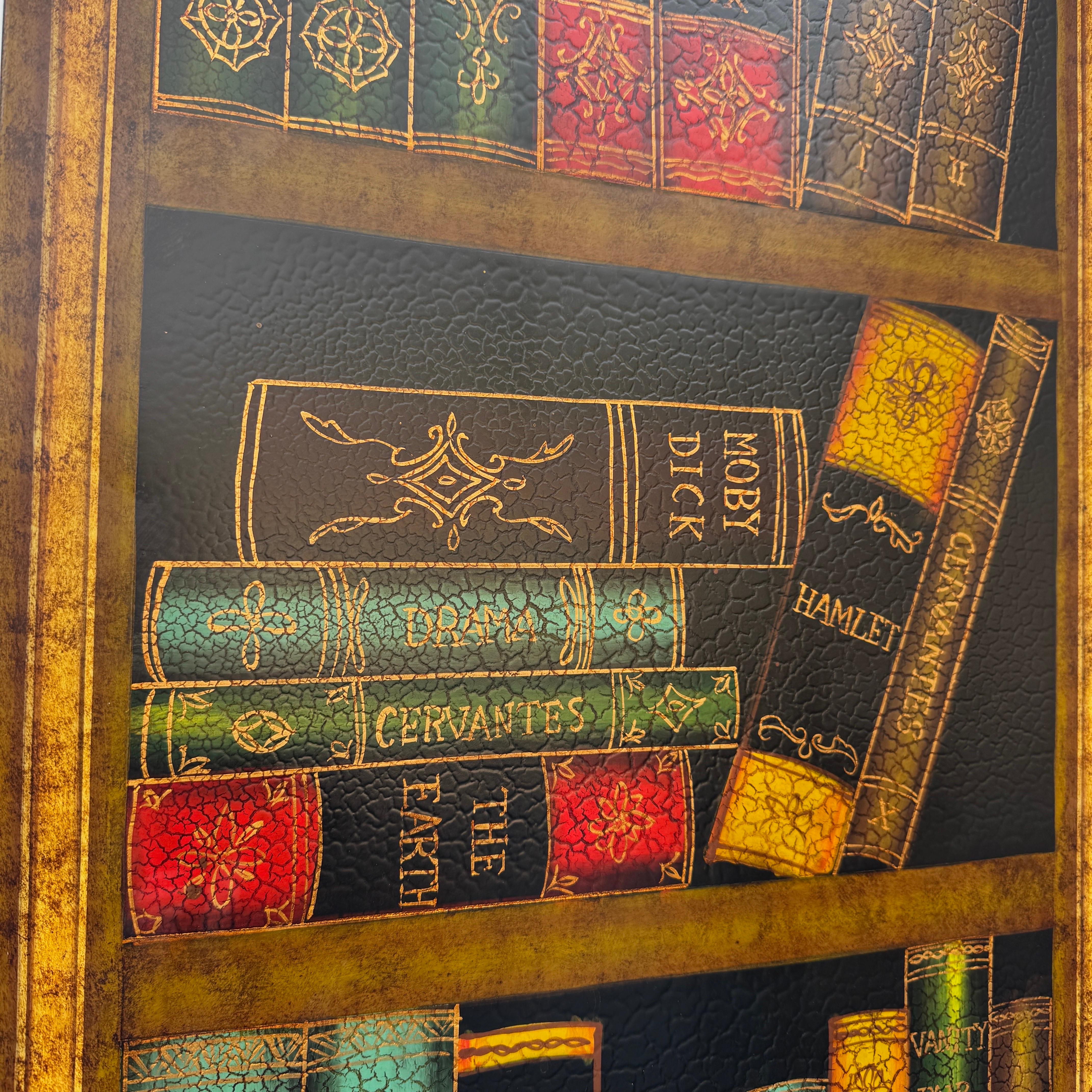 Wood Sarreid Faux Leather Gilt Books Folding Screen Room Divider For Sale
