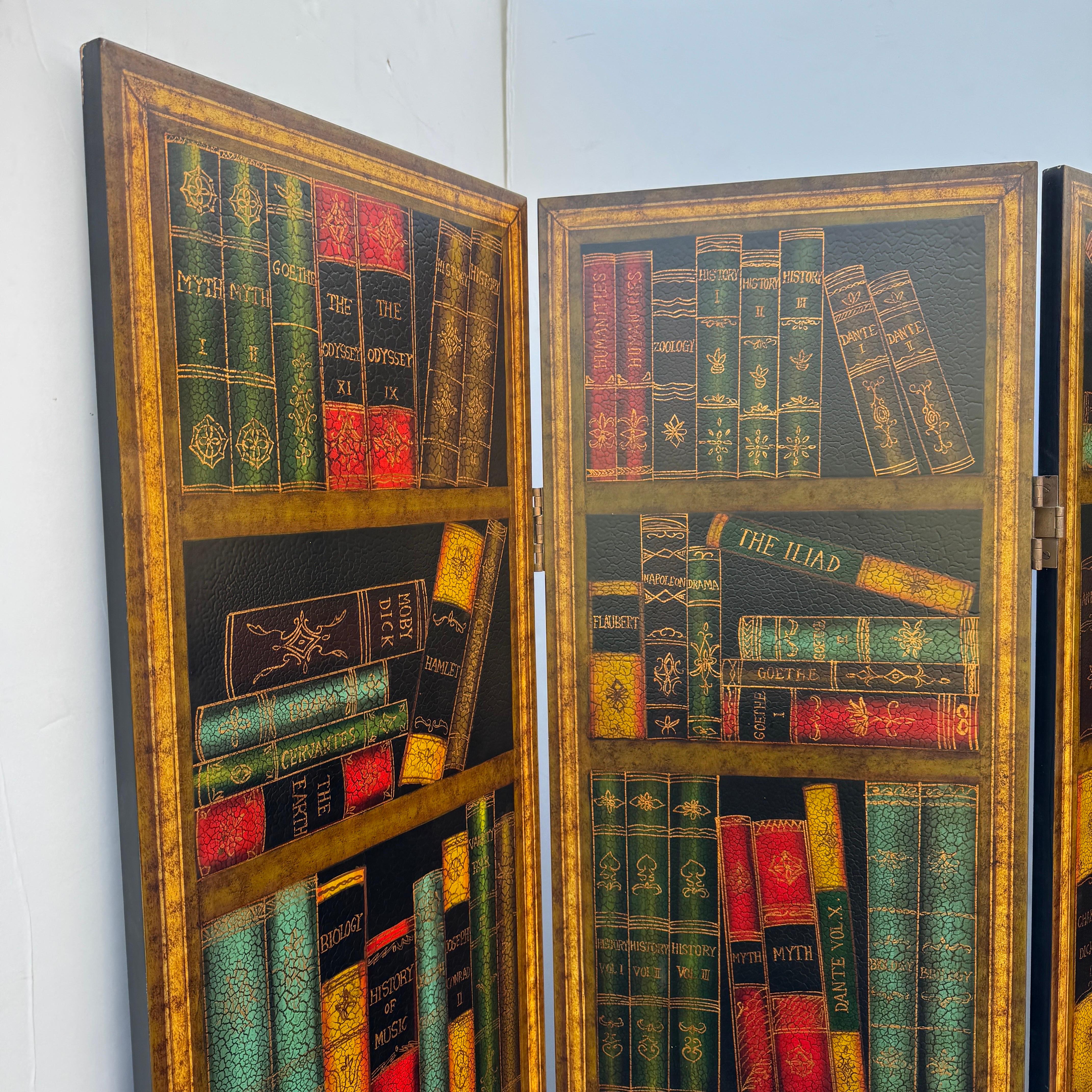 Chesterfield Sarreid Faux Leather Gilt Books Folding Screen Room Divider For Sale