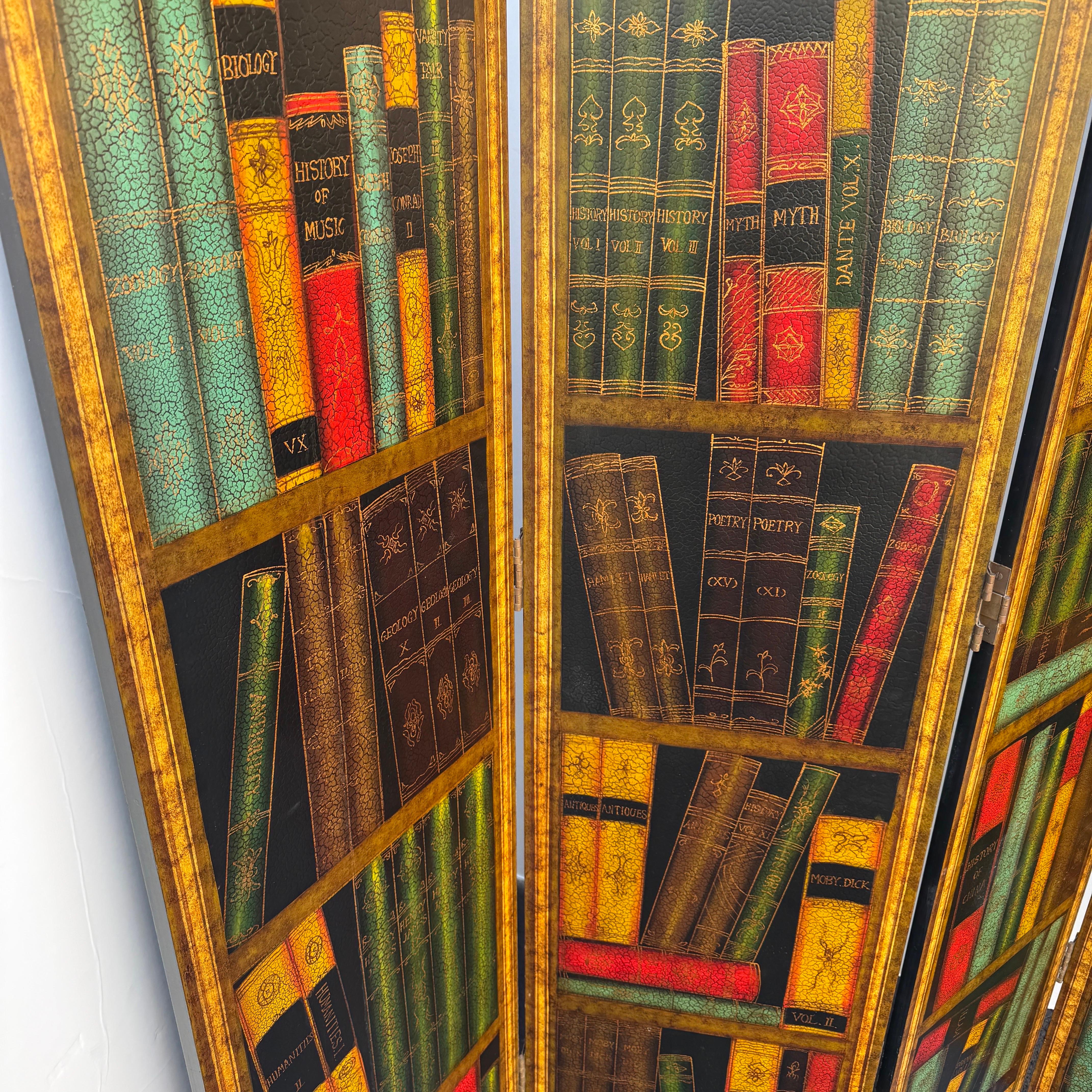 Hand-Crafted Sarreid Faux Leather Gilt Books Folding Screen Room Divider For Sale
