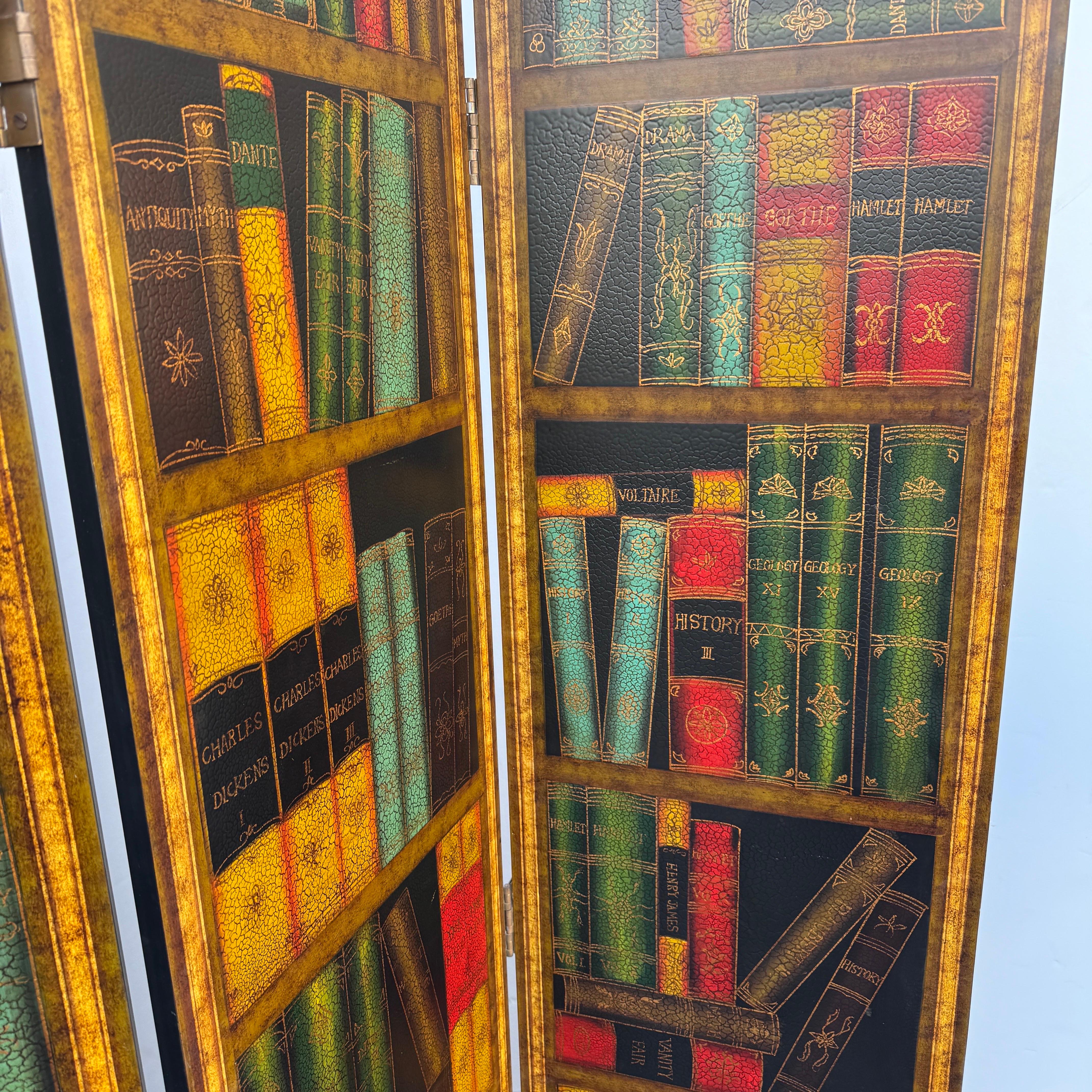 Sarreid Faux Leather Gilt Books Folding Screen Room Divider In Good Condition For Sale In Haddonfield, NJ