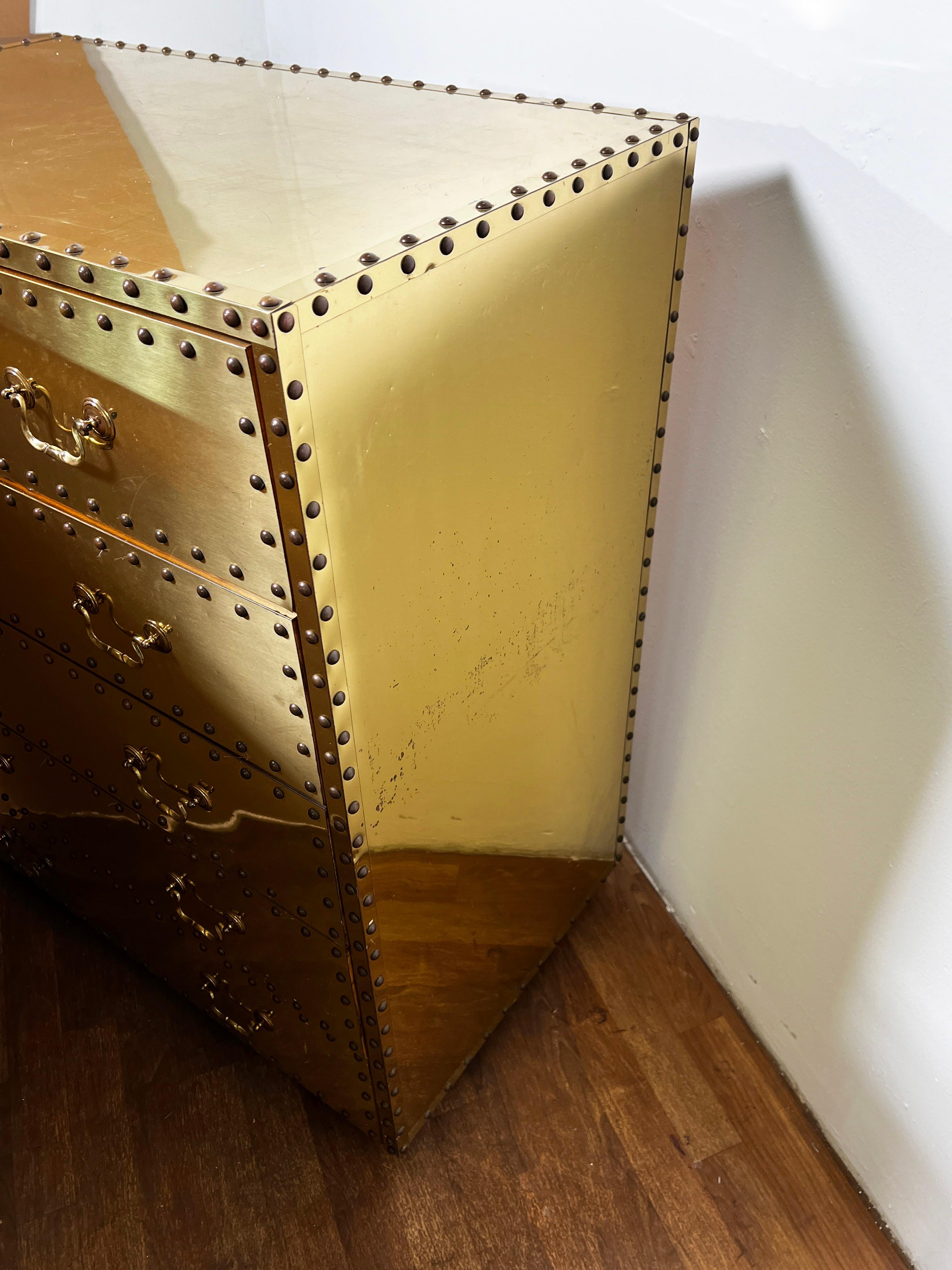 Sarreid Five Drawer Brass Clad Tall Chest Circa 1970s 4