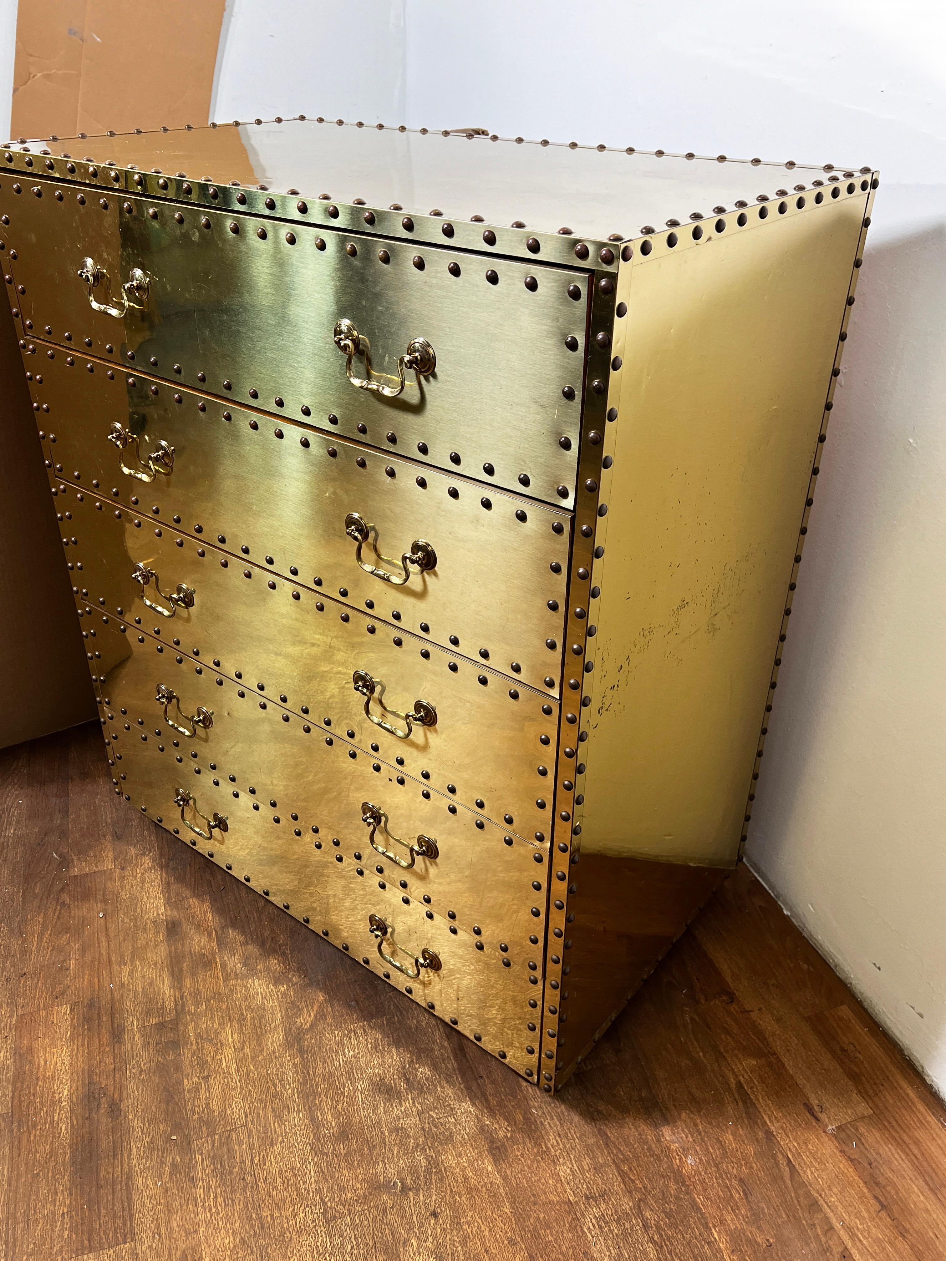 Sarreid Five Drawer Brass Clad Tall Chest Circa 1970s 5