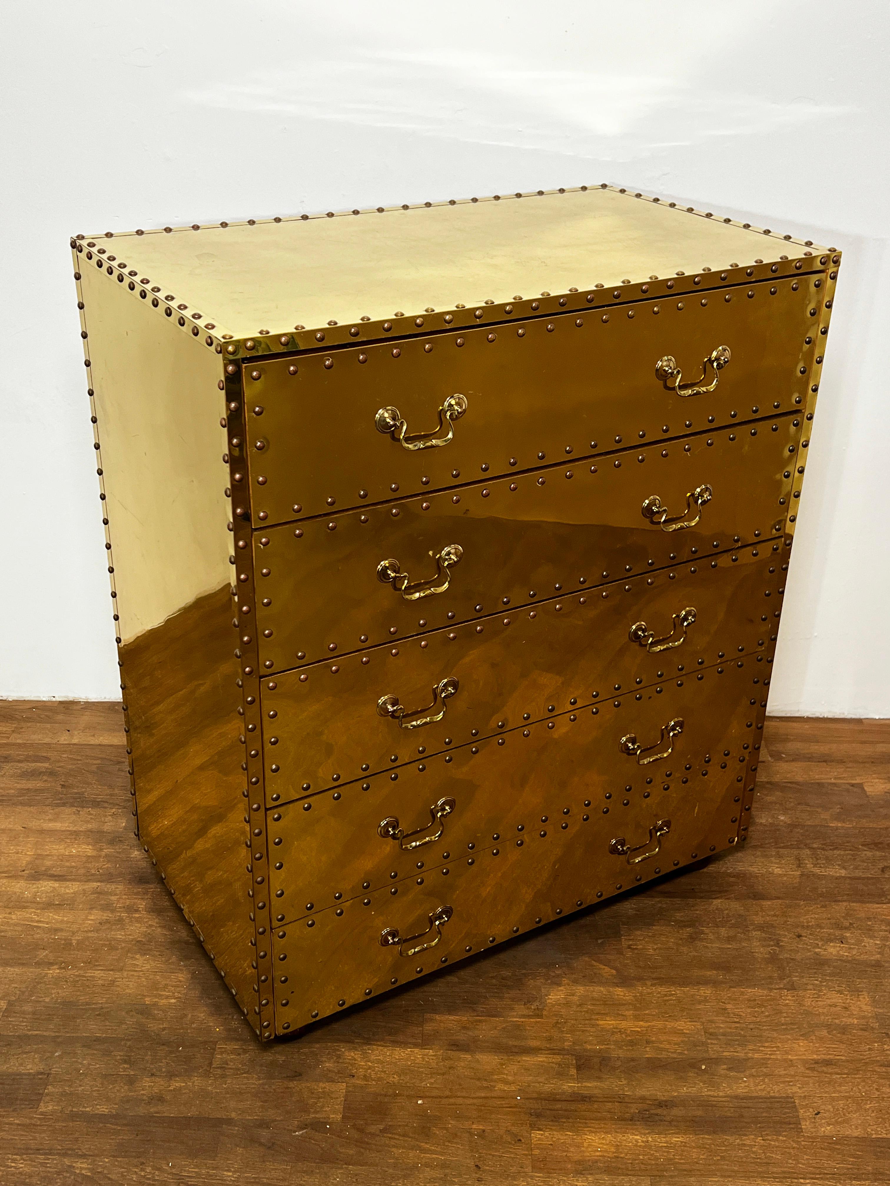 Mid-Century Modern Sarreid Five Drawer Brass Clad Tall Chest Circa 1970s