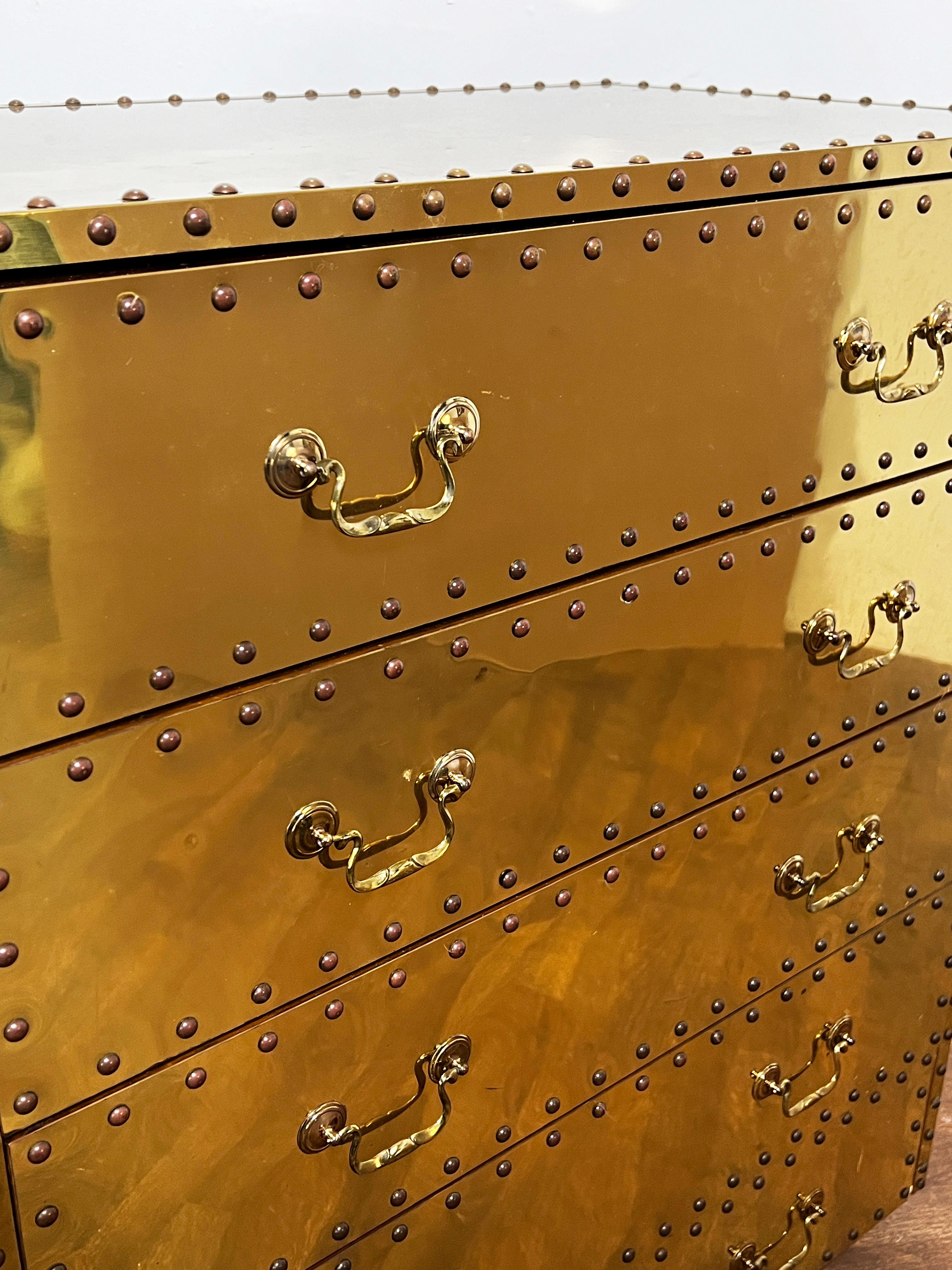 Spanish Sarreid Five Drawer Brass Clad Tall Chest Circa 1970s