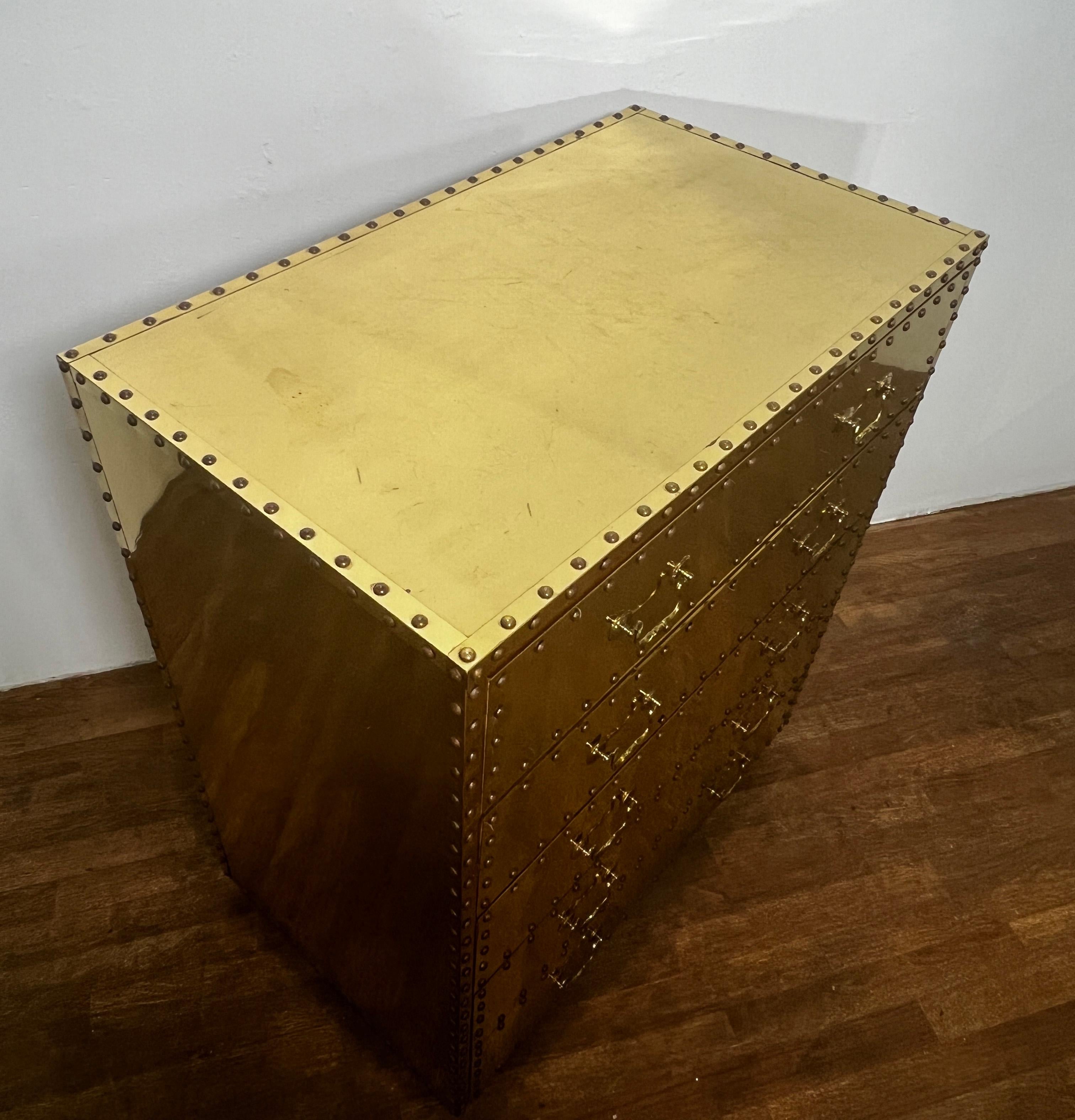 Late 20th Century Sarreid Five Drawer Brass Clad Tall Chest Circa 1970s