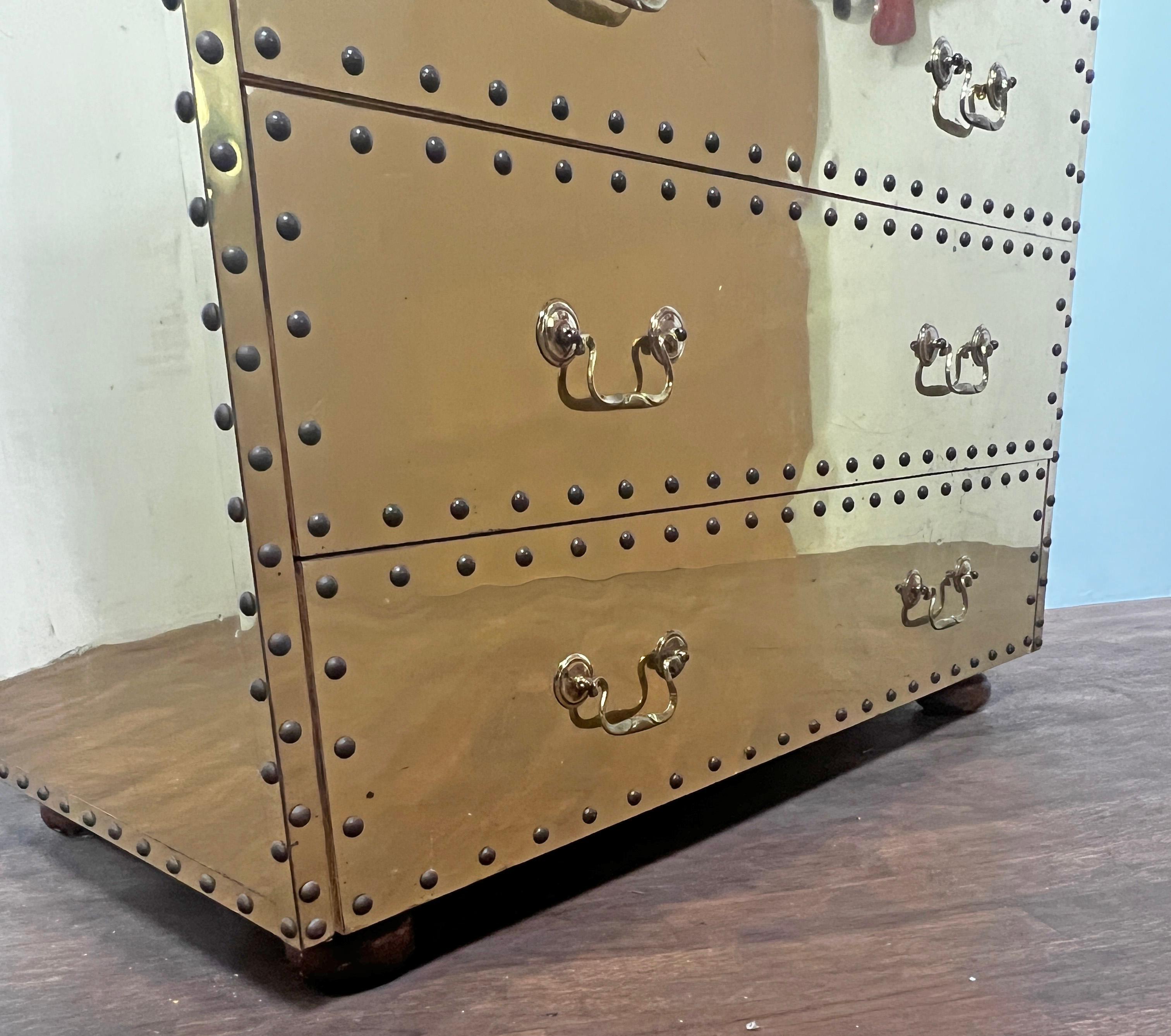 Sarreid Five Drawer Brass Clad Tall Chest Circa 1970s 3
