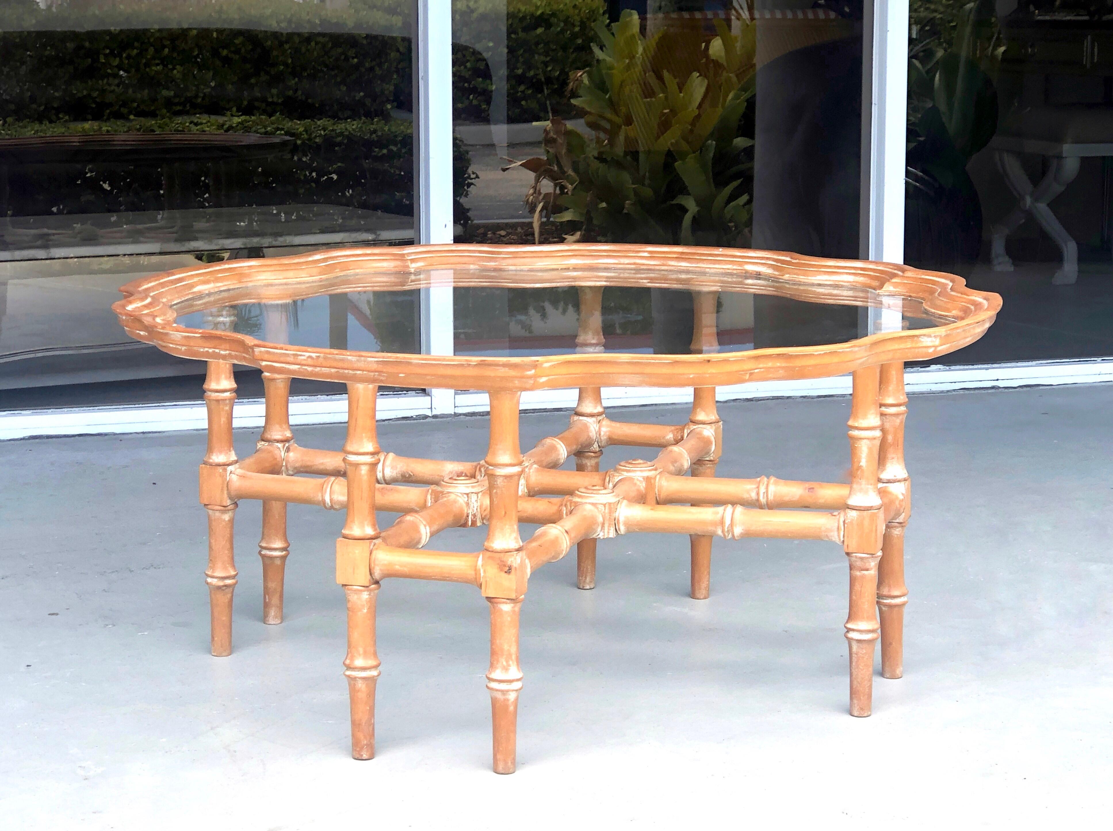 Sarreid Hand Carved Wood and Glass Tray Coffee Cocktail Table In Good Condition In Miami, FL