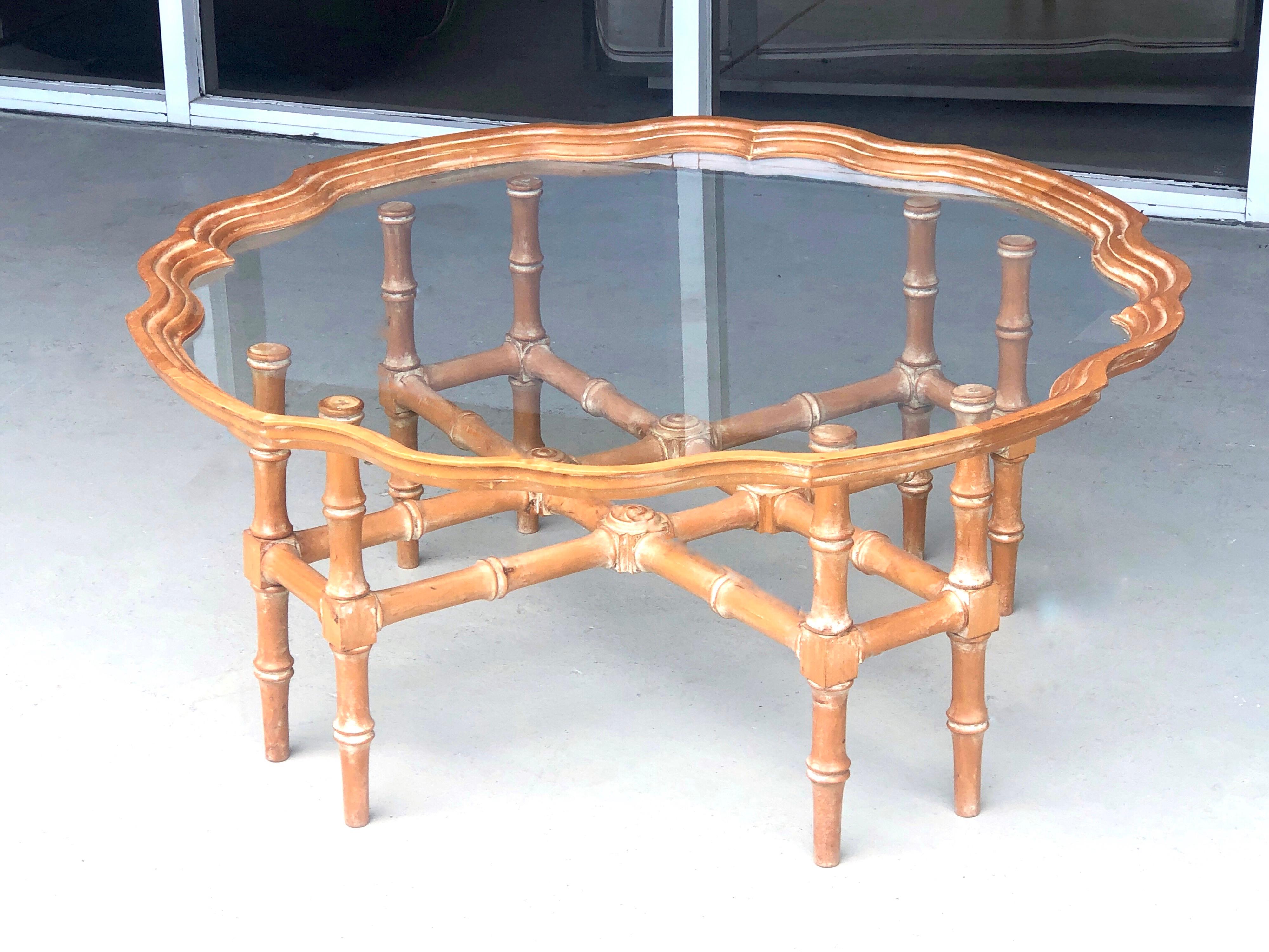 Late 20th Century Sarreid Hand Carved Wood and Glass Tray Coffee Cocktail Table