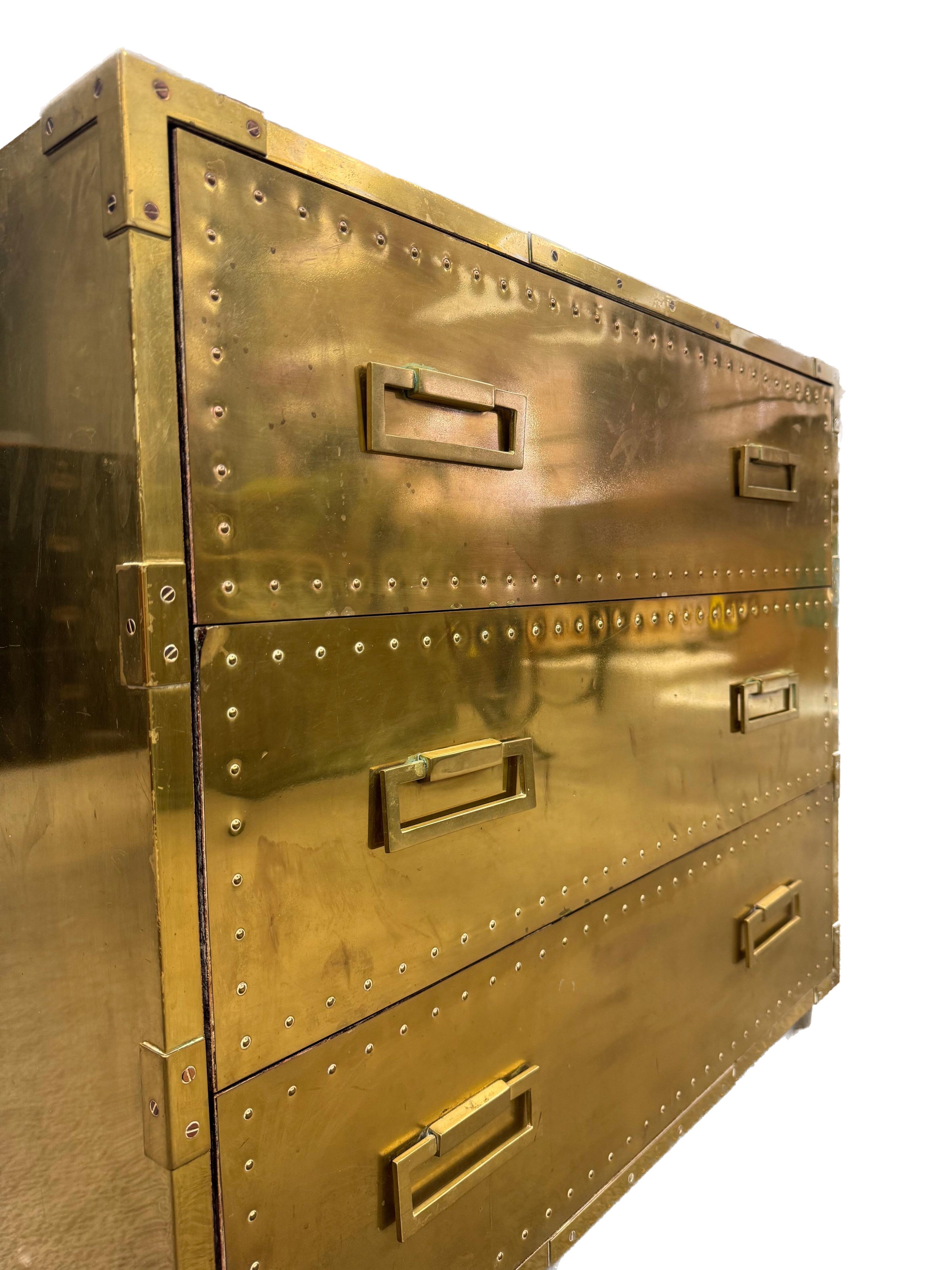 20th Century Sarreid Hollywood Regency Campaign Brass Clad Chest of Drawers For Sale