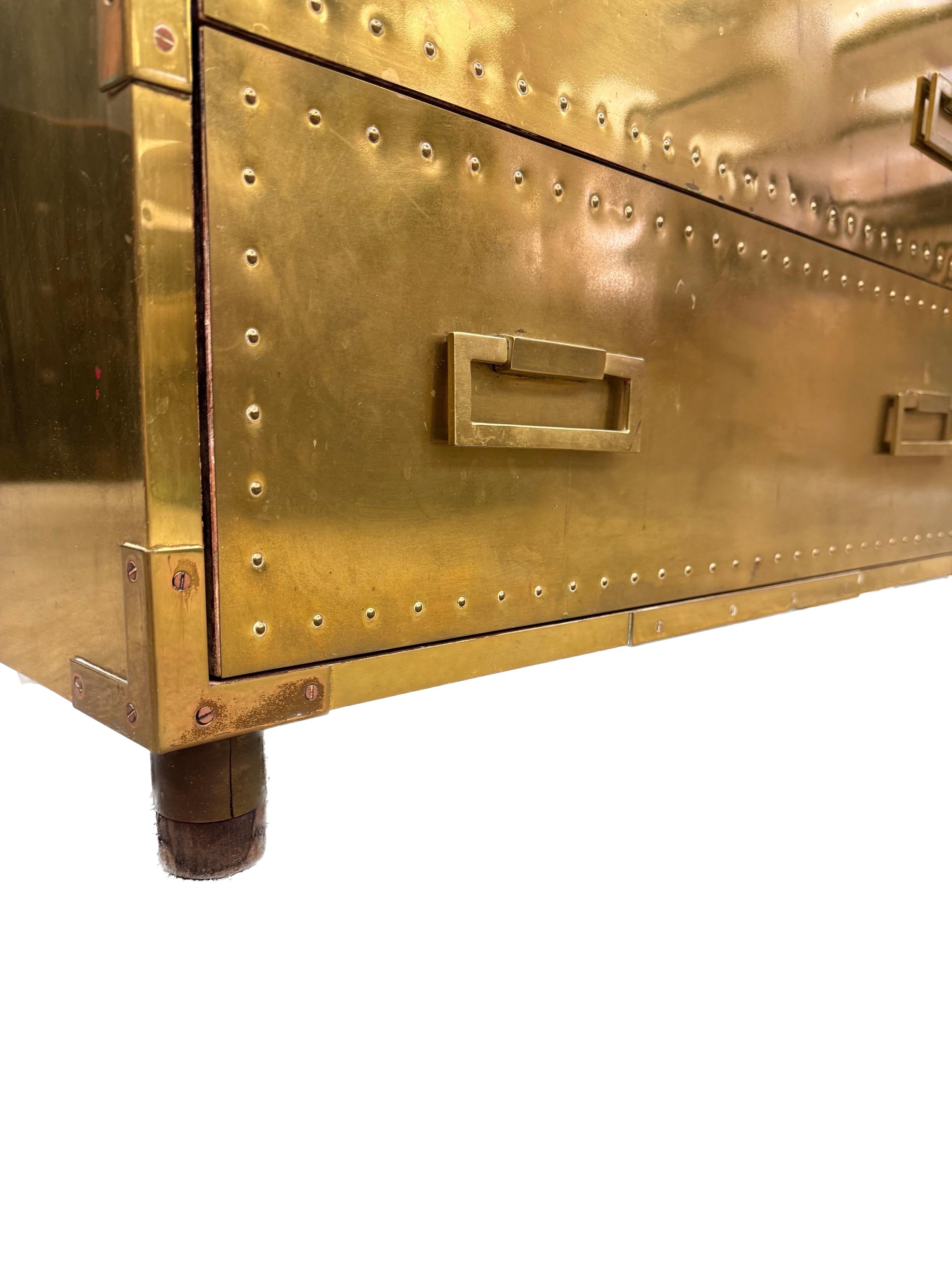 Sarreid Hollywood Regency Campaign Brass Clad Chest of Drawers For Sale 2