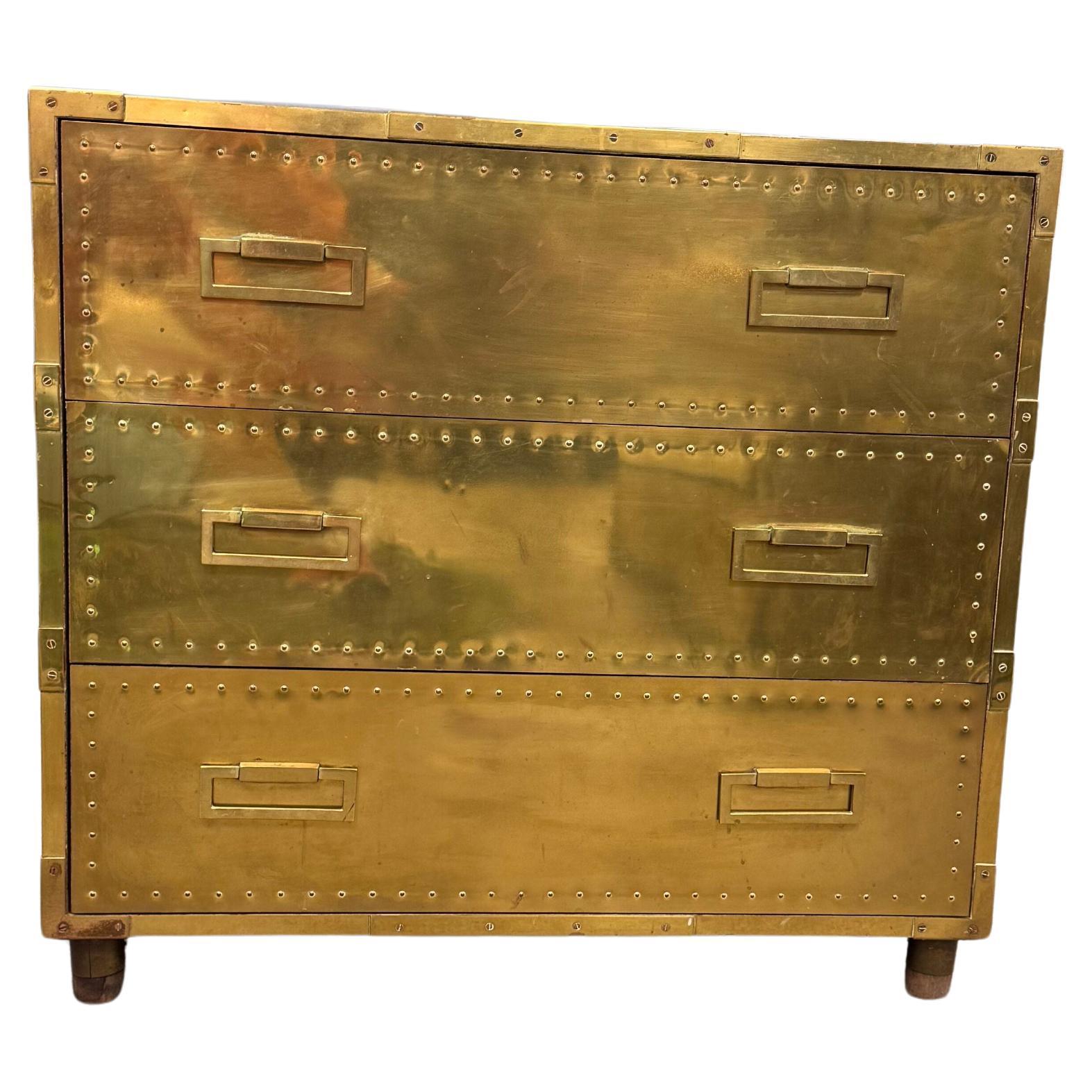 Sarreid Hollywood Regency Campaign Brass Clad Chest of Drawers For Sale