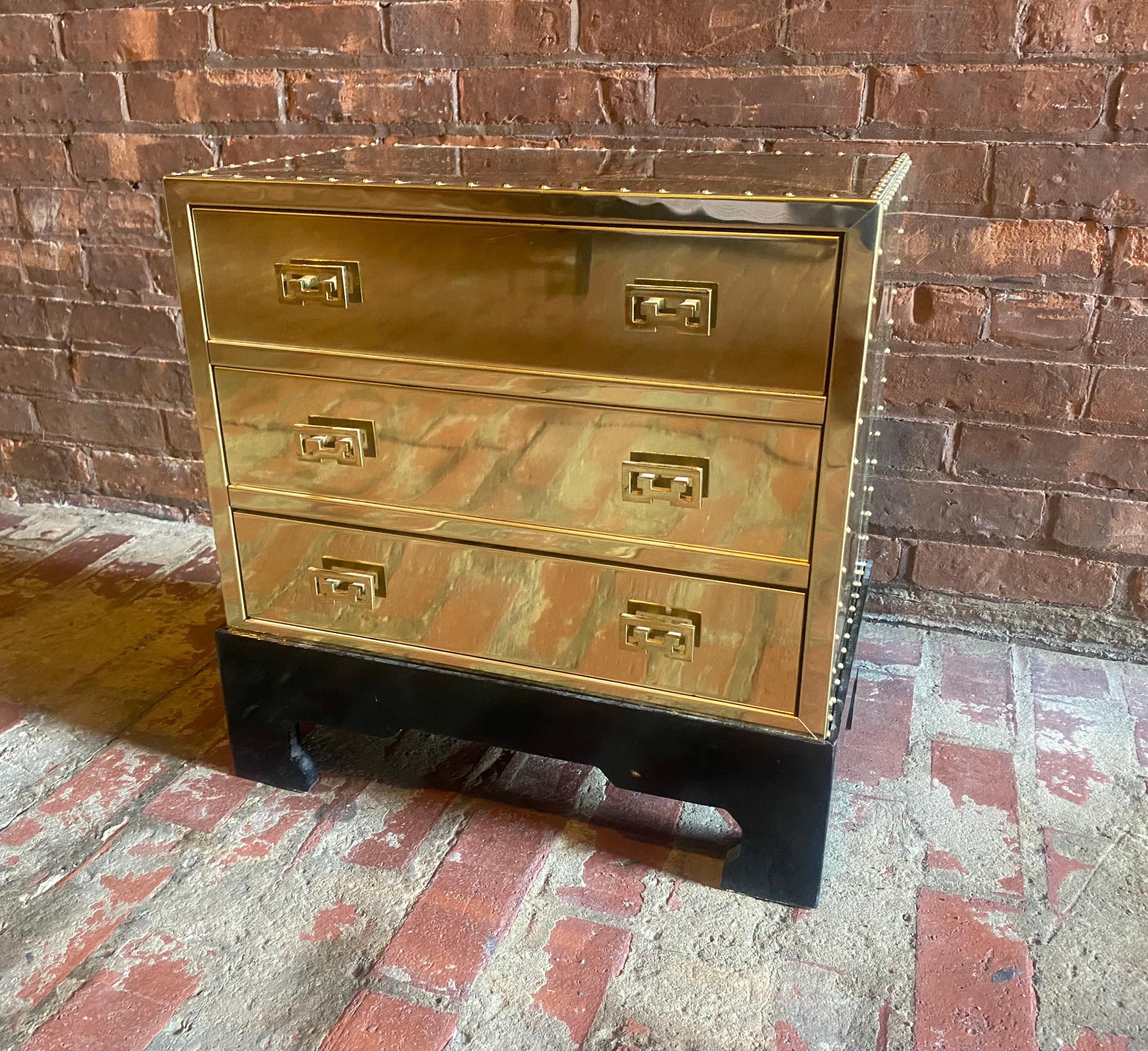 Sarreid Hollywood Regency Campaign Brass Clad Compact Chest of 3 Drawers Stand,,, Black lacquer asian modern style base,, 3 dovetail drawers,, 