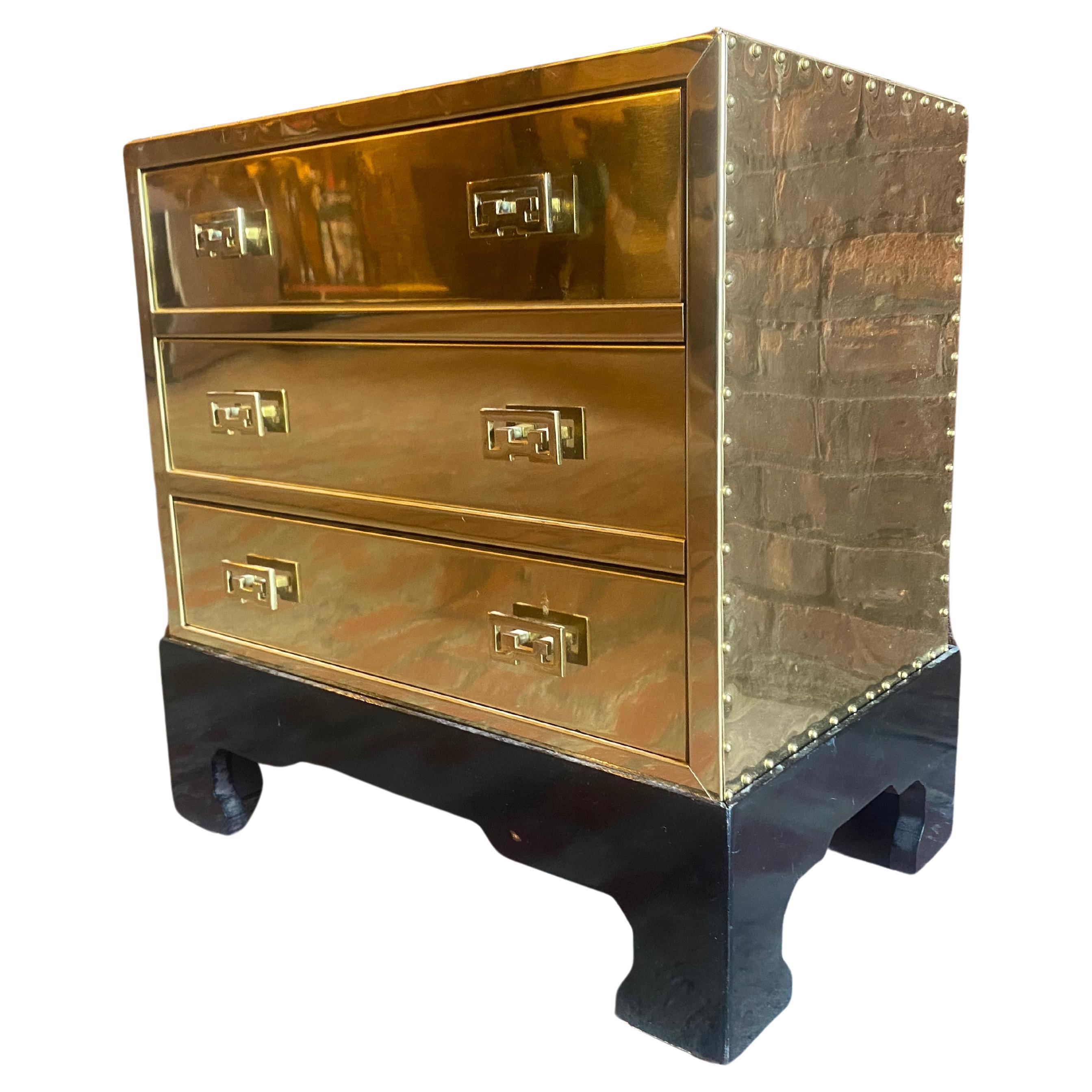 Sarreid Hollywood Regency Campaign Brass Clad Compact Chest of 3 Drawers Stand For Sale