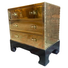 Vintage Sarreid Hollywood Regency Campaign Brass Clad Compact Chest of 3 Drawers Stand