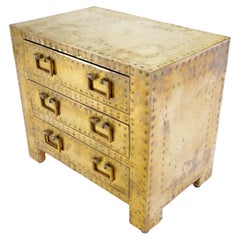 Sarreid Hollywood Regency Campaign Brass Clad Compact Chest of 3 Drawers Stand