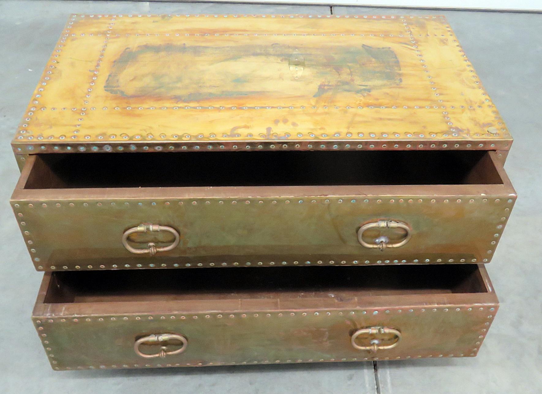 Sarreid Ltd Campaign style metal embossed 2-drawer chest on casters.