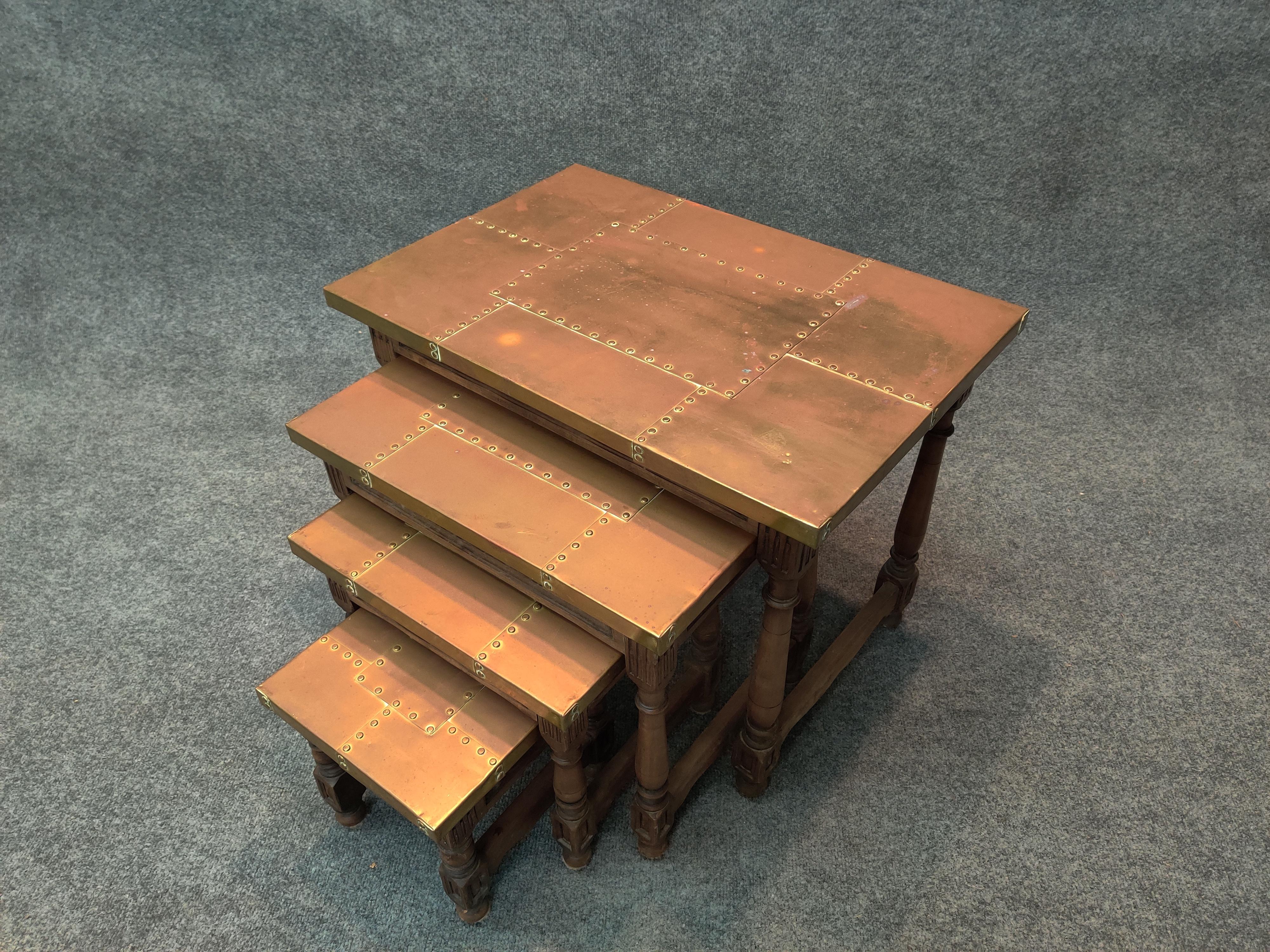 Mid-Century Modern Sarreid, Ltd. Intricate Set of Brass and Carved Wood Vintage Nesting Tables For Sale