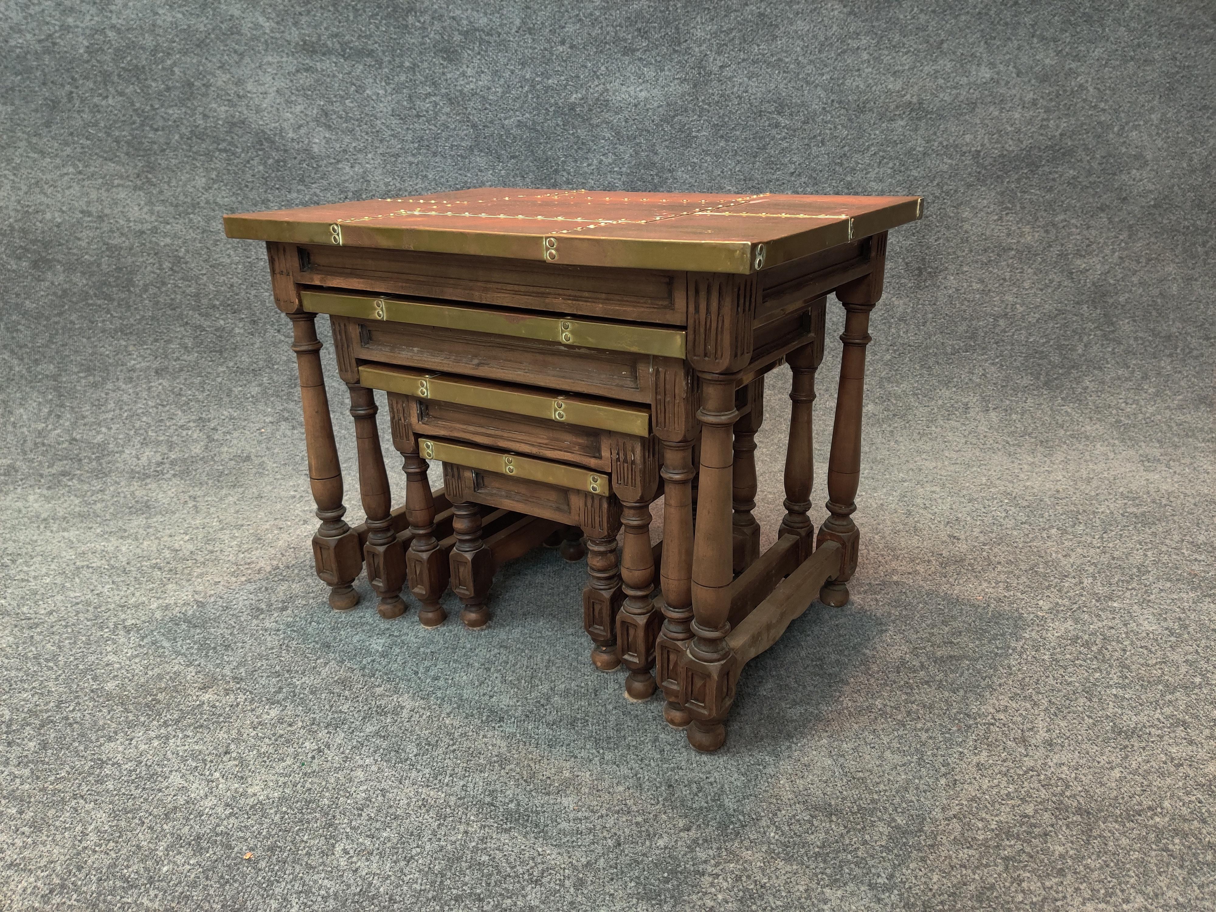 American Sarreid, Ltd. Intricate Set of Brass and Carved Wood Vintage Nesting Tables For Sale