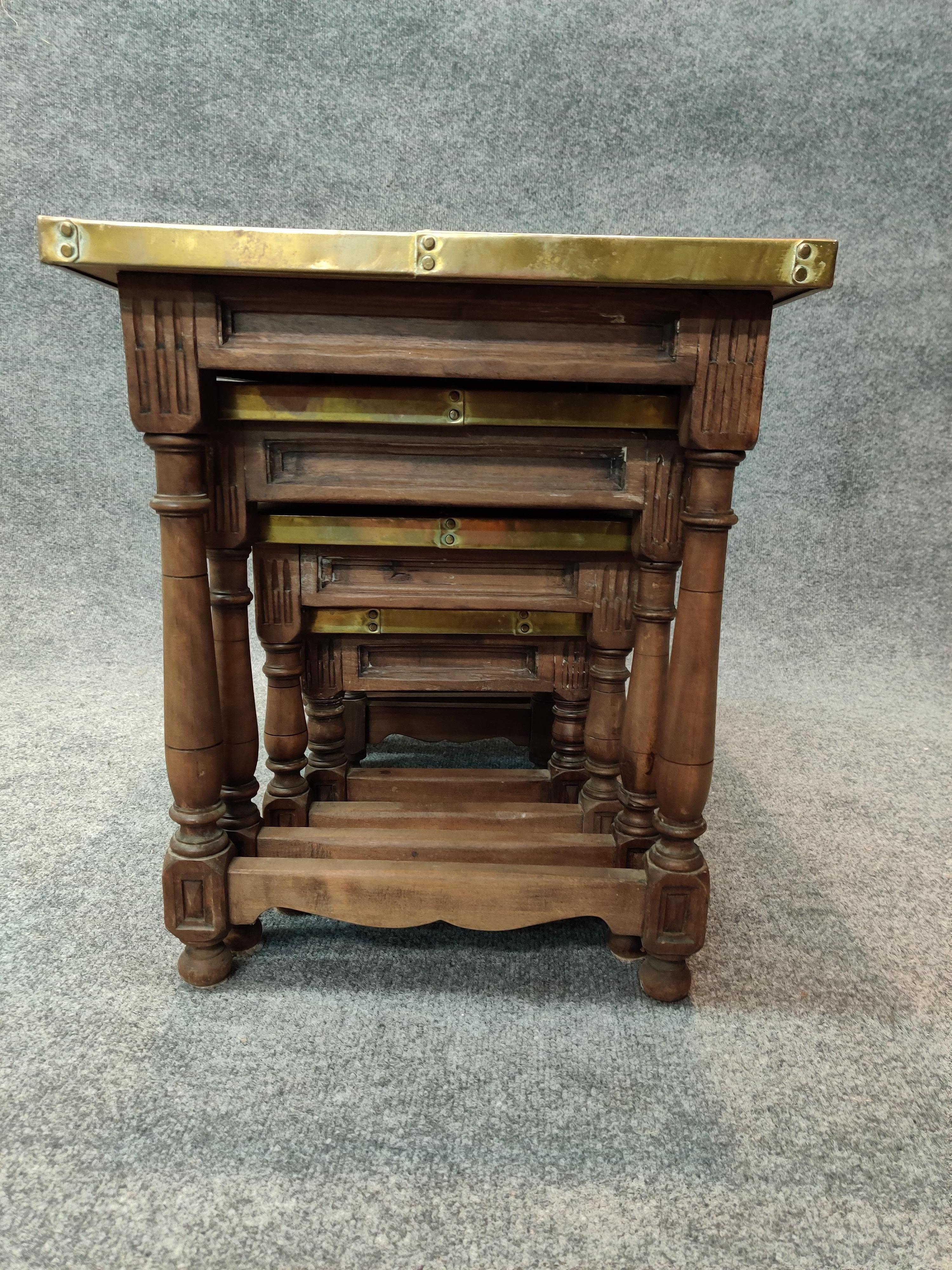 Hand-Carved Sarreid, Ltd. Intricate Set of Brass and Carved Wood Vintage Nesting Tables For Sale
