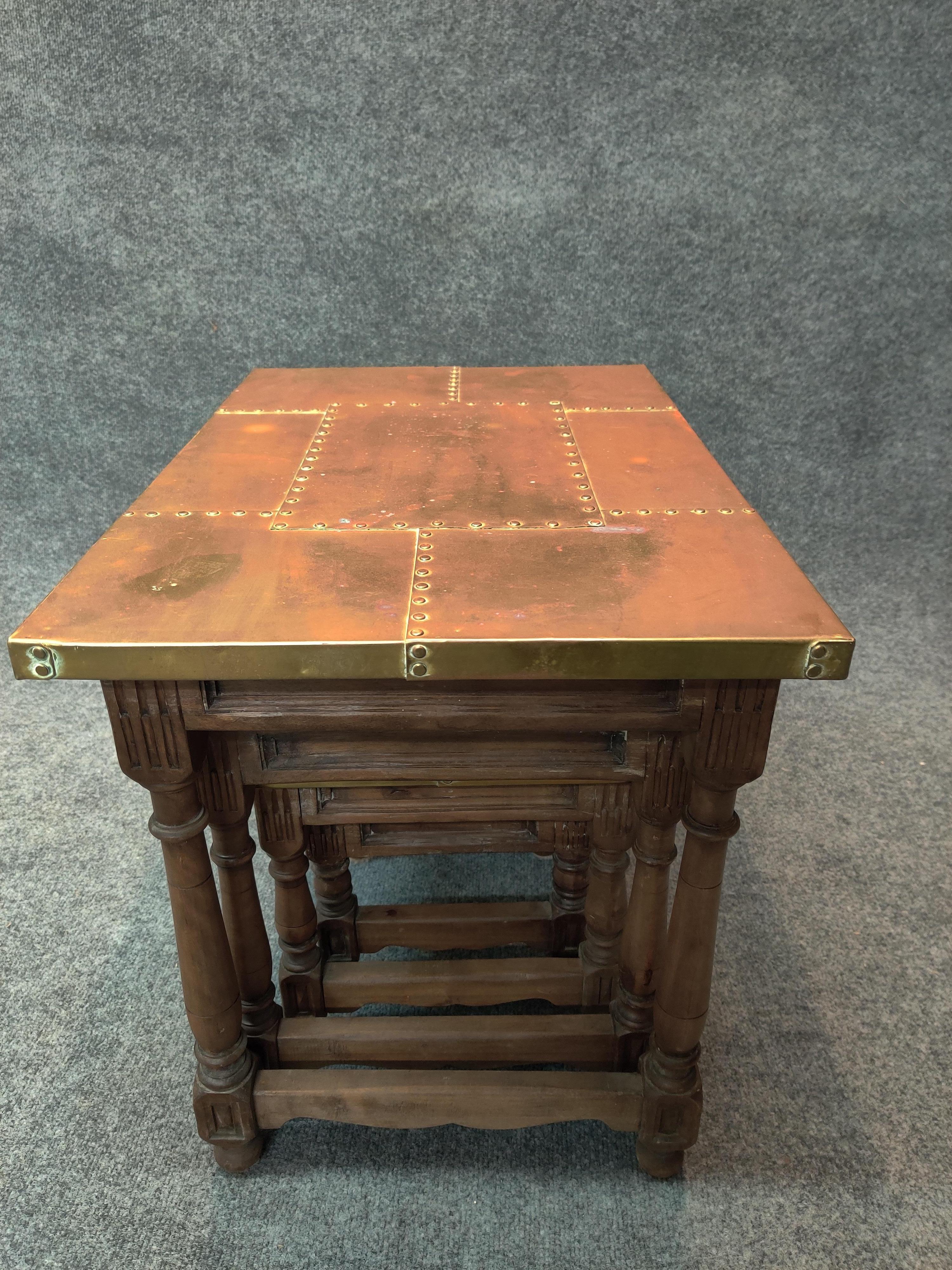 Sarreid, Ltd. Intricate Set of Brass and Carved Wood Vintage Nesting Tables In Good Condition For Sale In Philadelphia, PA