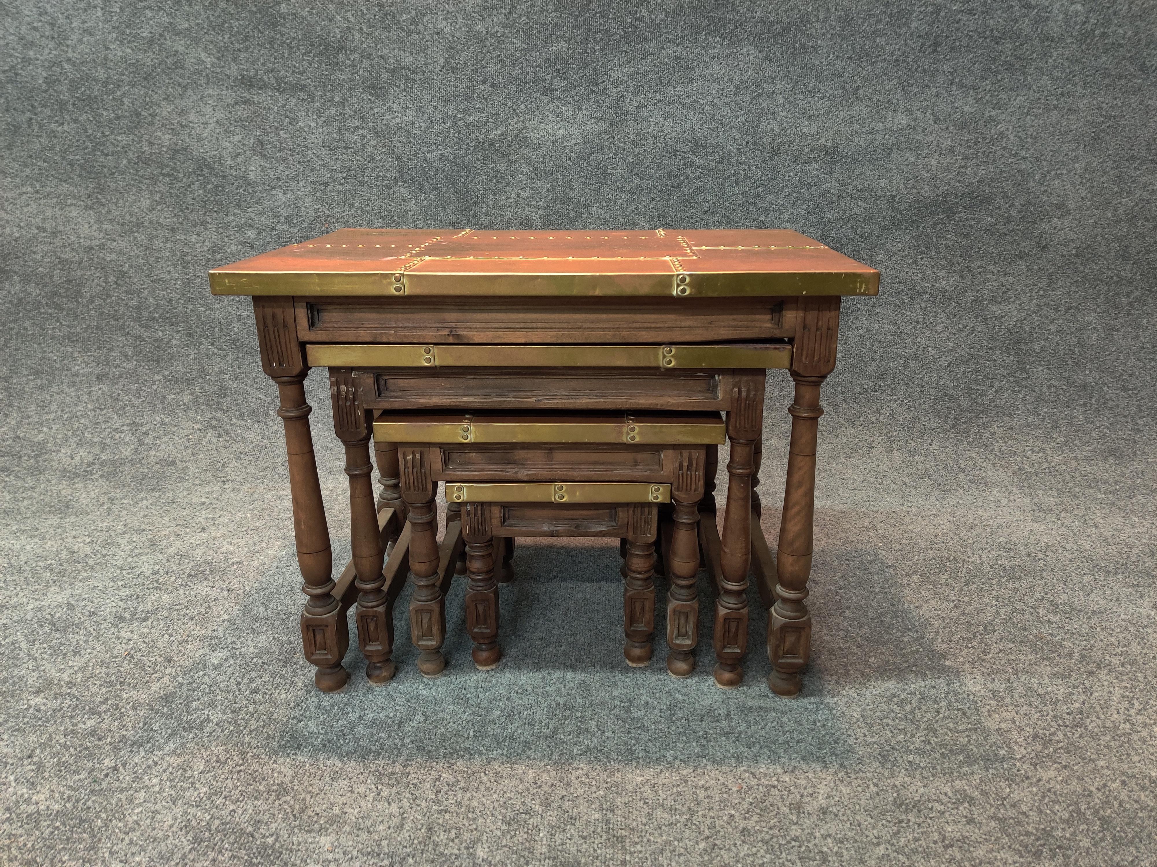 Sarreid, Ltd. Intricate Set of Brass and Carved Wood Vintage Nesting Tables For Sale 1
