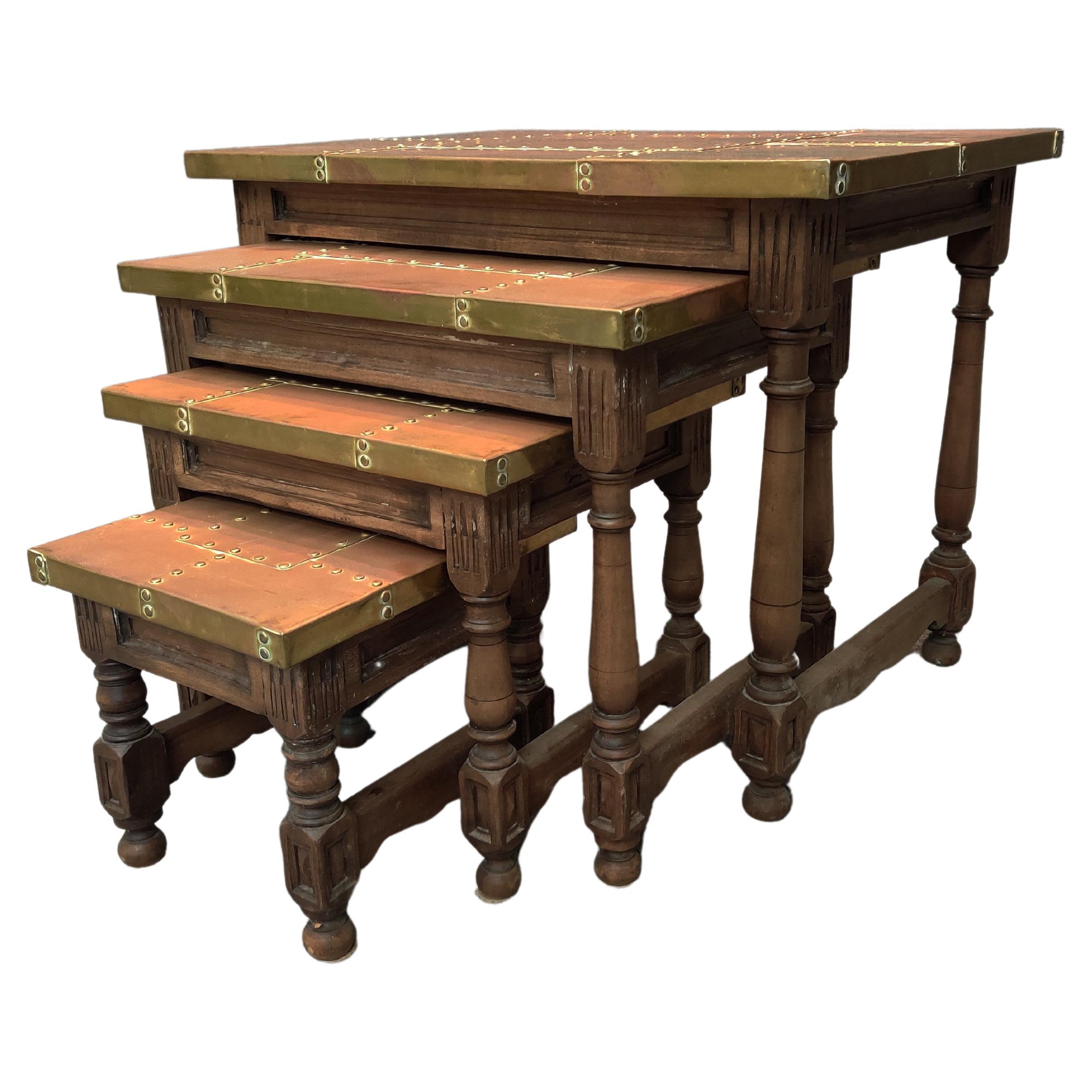 Sarreid, Ltd. Intricate Set of Brass and Carved Wood Vintage Nesting Tables For Sale